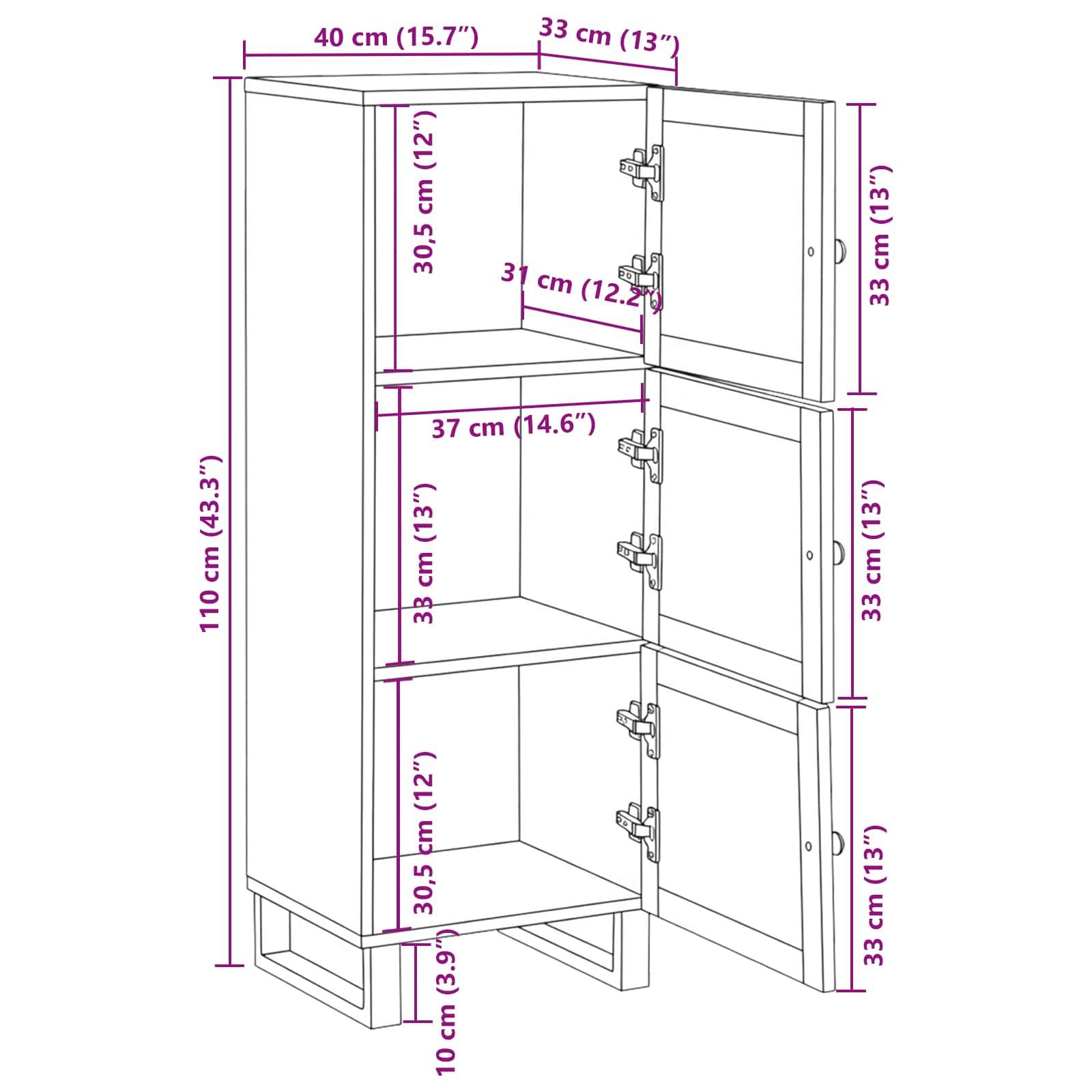 Hohes Lagerschrank mit drei Regalborden, jeweils 31 cm hoch. Gesamthöhe beträgt 110 cm. Türen auf drei Ebenen, jeweils 33 cm hoch.