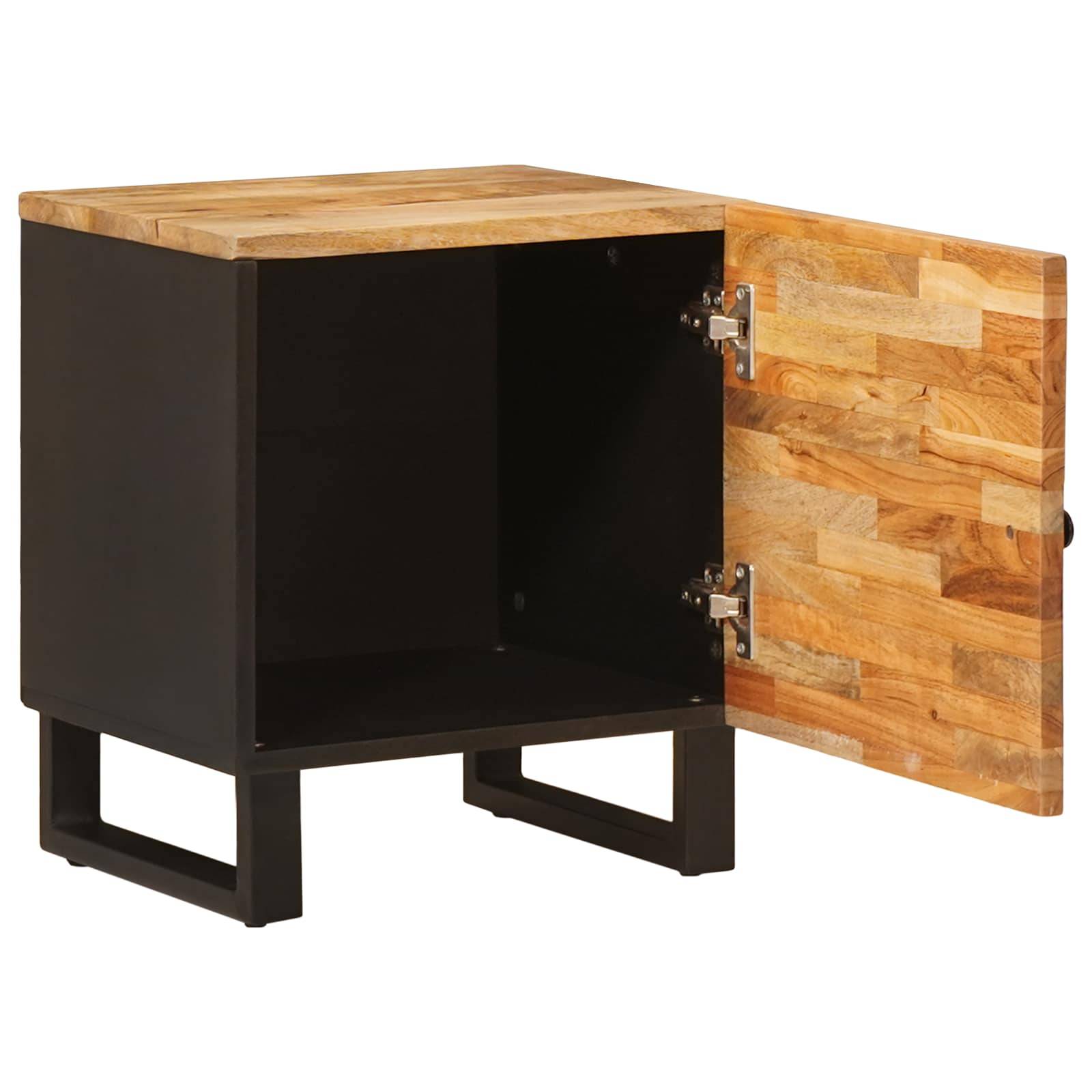 Kleiner Holzschrank mit schwarzen Seiten und Beinen, mit einer offenen Tür, die ein leeres Staurabteil offenbart.