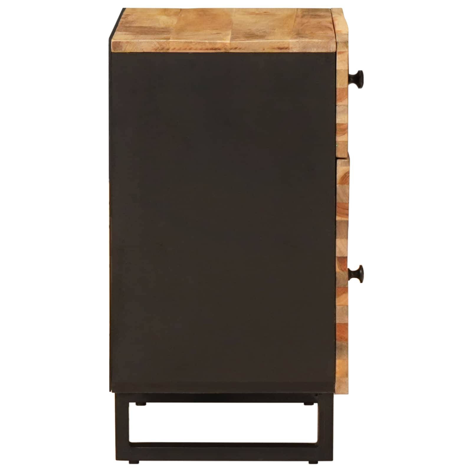 Ein Schrank aus Holz und Metall mit einer schwarzen Front und braunen Holzpaneelen an den Seiten. Er verfügt über zwei sichtbare Knöpfe auf der rechten Seite.