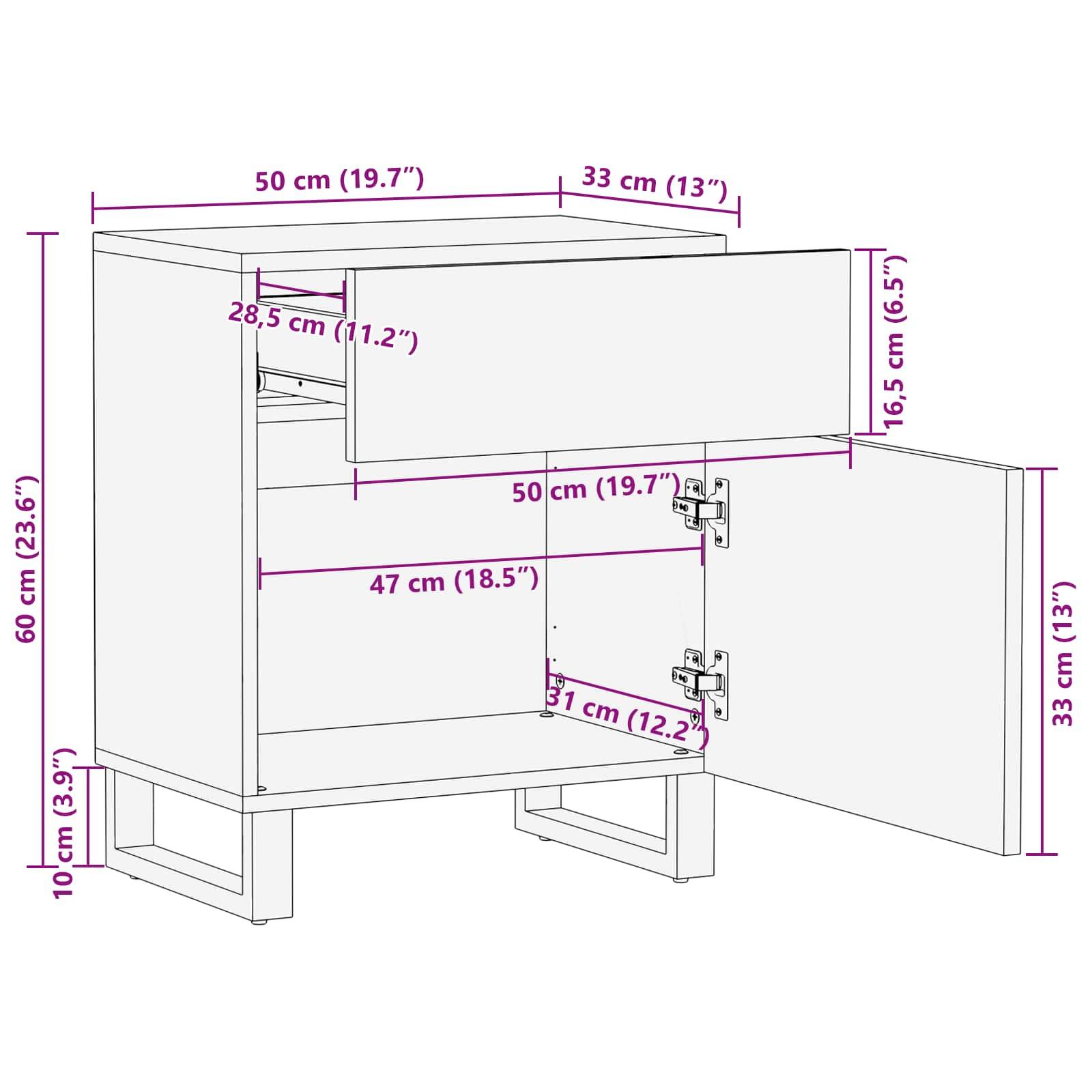 Eine Linienzeichnung eines Schranks mit einer Schublade und einer Schranktür, die folgende Abmessungen zeigt: 60 cm hoch, 50 cm breit, 33 cm tief, sowie verschiedene Innenabmessungen.