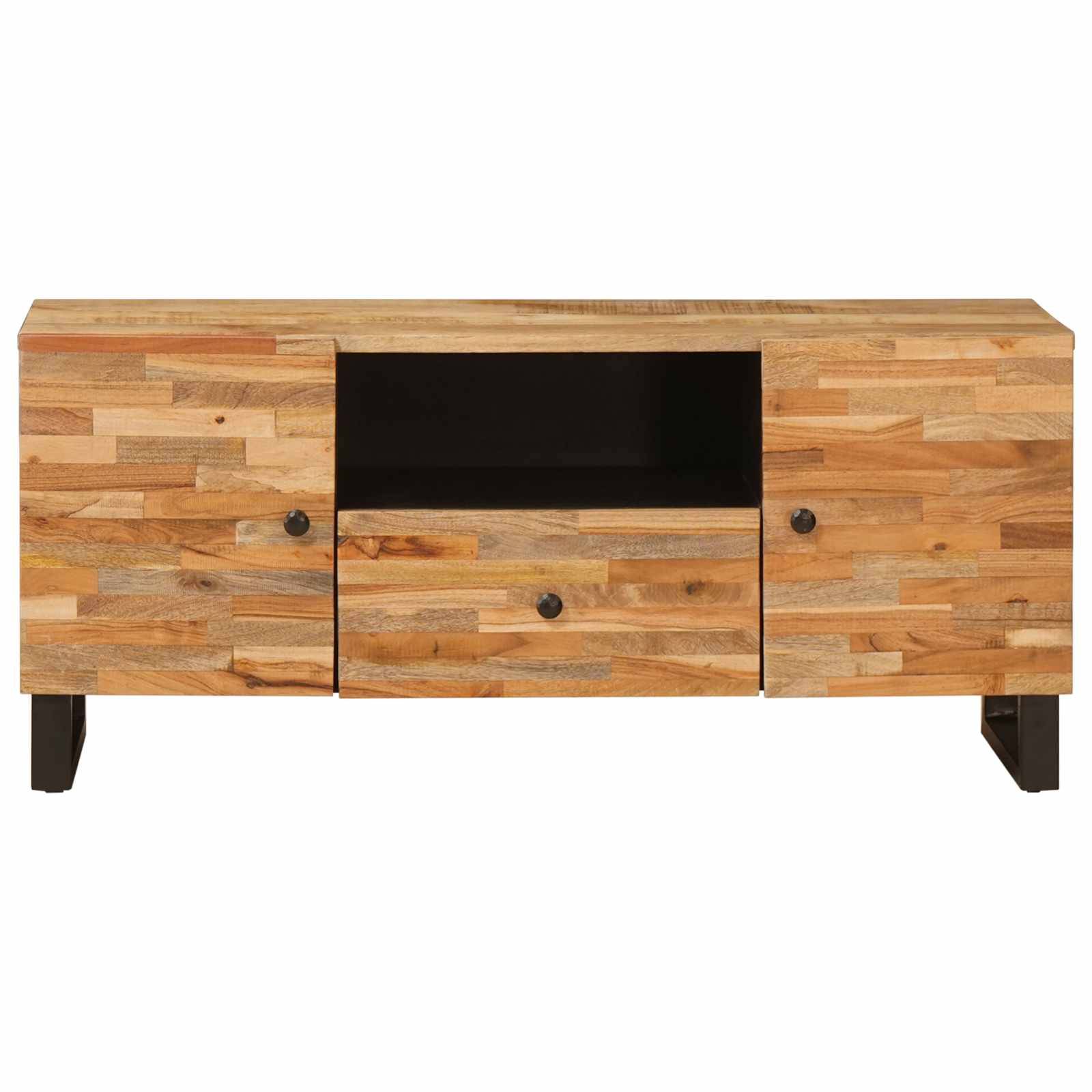 Ein Fernseher-Ständer aus Holz mit minimalistischem Design, ausgestattet mit zwei Schränken und einem zentralen offenen Regal, der auf schwarzen Metallbeinen steht.