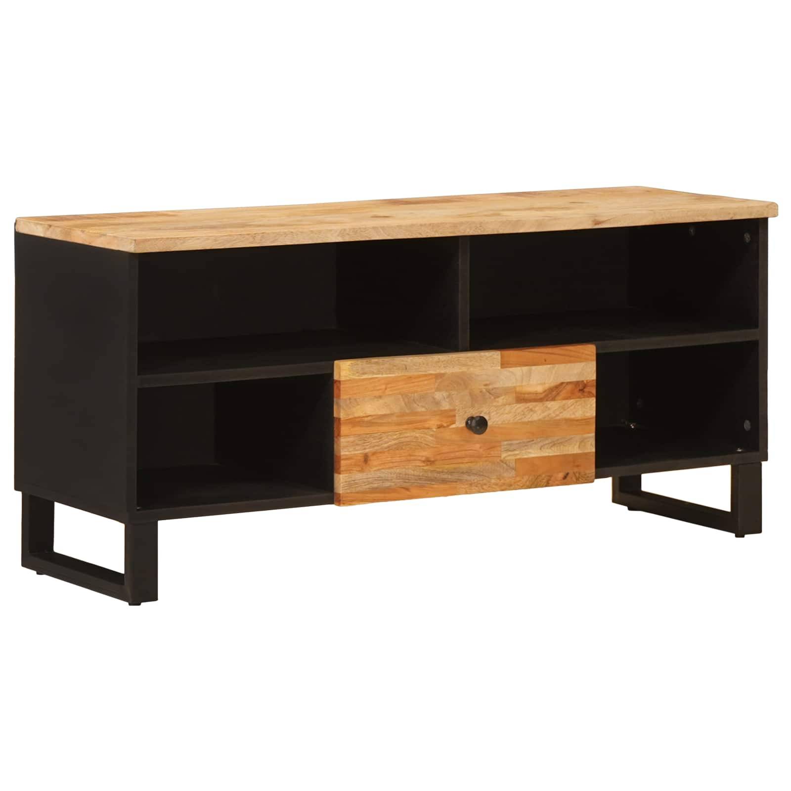 TV-Ständer aus Holz mit offenen Regalen und einer zentralen Schublade, mit natürlicher Oberfläche und einem modernen schwarzen Rahmen.