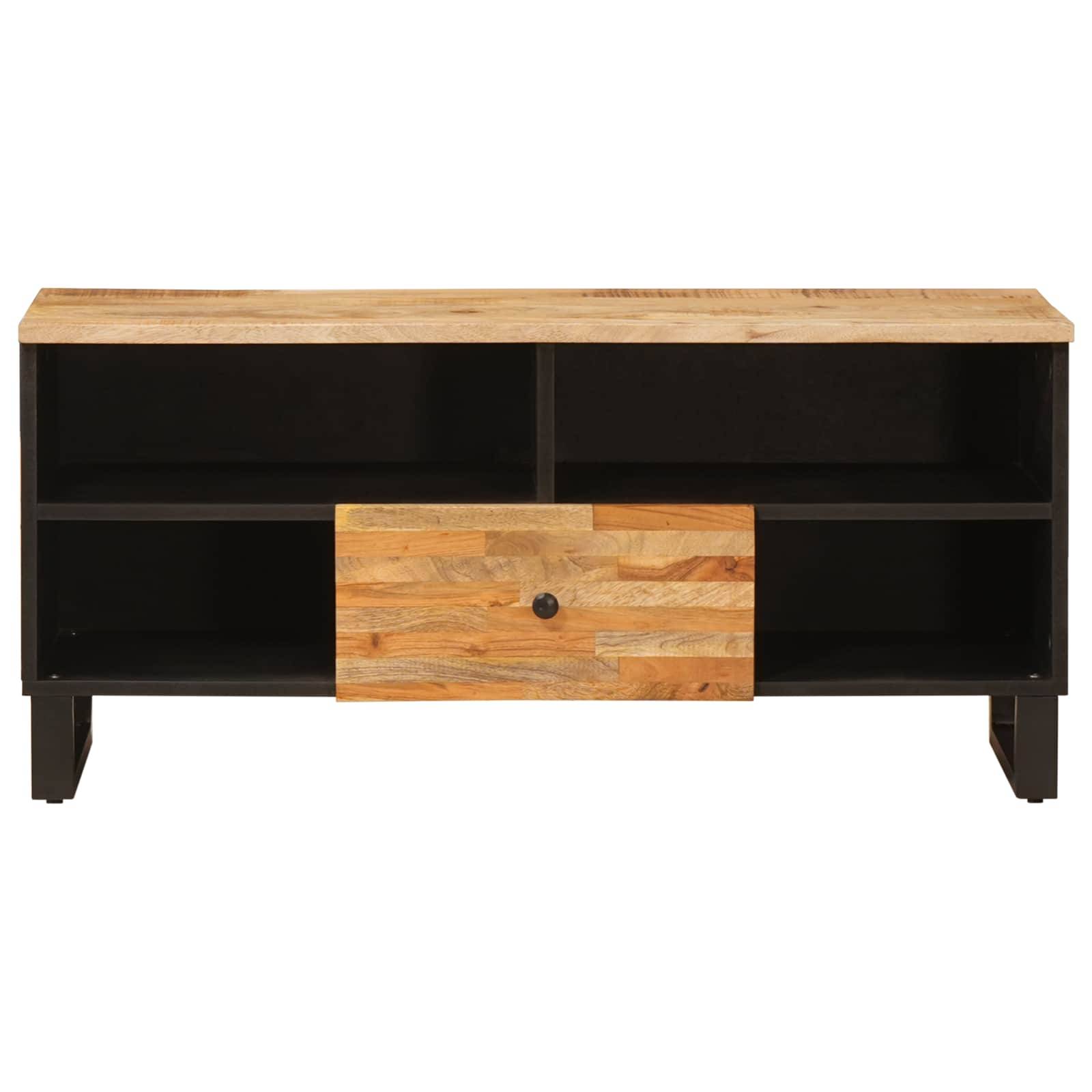 Eine Fernseh-Konsole aus Holz mit einer natürlichen Oberfläche, dunklem Rahmen, zwei offenen Regalen und einer einzelnen zentralen Schublade in einer helleren Holzausführung.