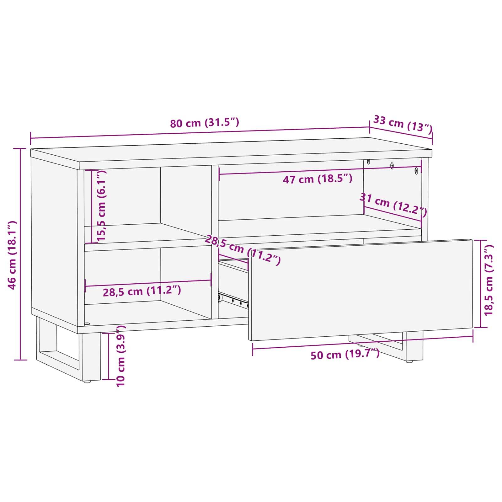 TV-Ständer-Diagramm mit Abmessungen: 80 cm (31,5