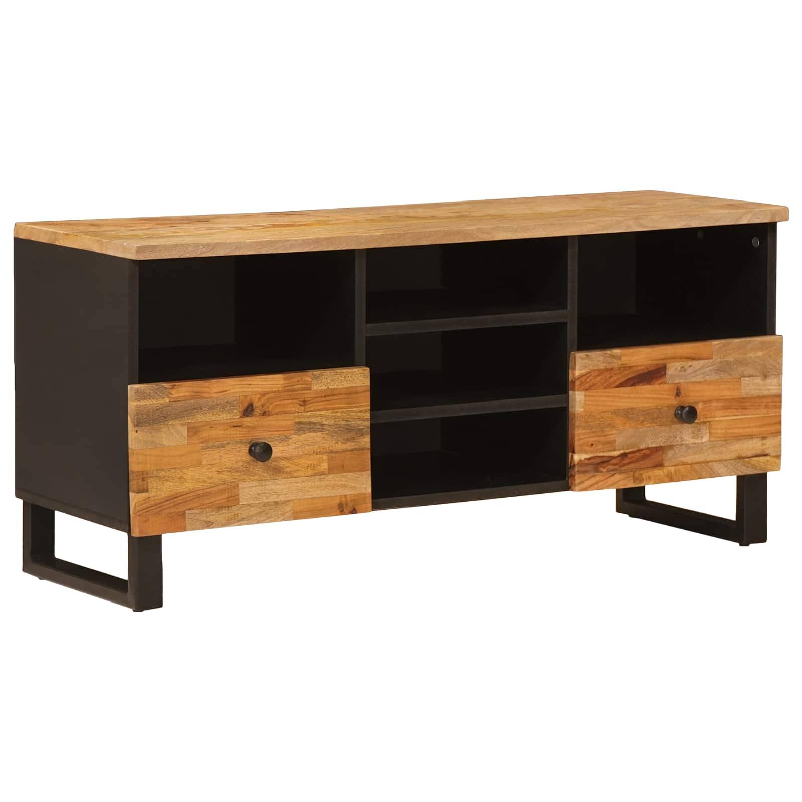 Fernsehschrank aus Holz mit zwei Schubladen, drei Regalen und schwarzem Rahmen, mit natürlicher Holzoberfläche auf der Platte und den Schubladenfronten.
