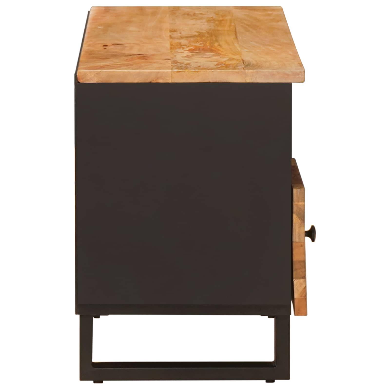 Eine Seitenansicht eines modernen Sideboards mit einer Holzplatte und einer Schublade, versehen mit schwarzen Metallfüßen und einem schwarzen Rahmen.