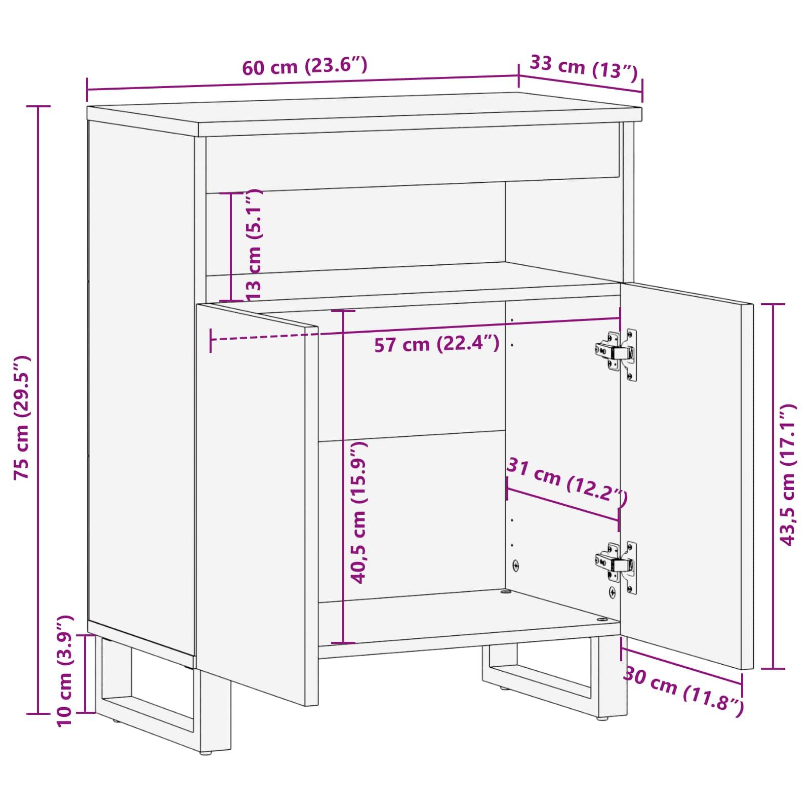 Eine Linienzeichnung eines Schranks mit Abmessungen: Breite 60 cm, Tiefe 33 cm, Höhe 75 cm. Offene Türen zeigen Innenregale und Scharniere.
