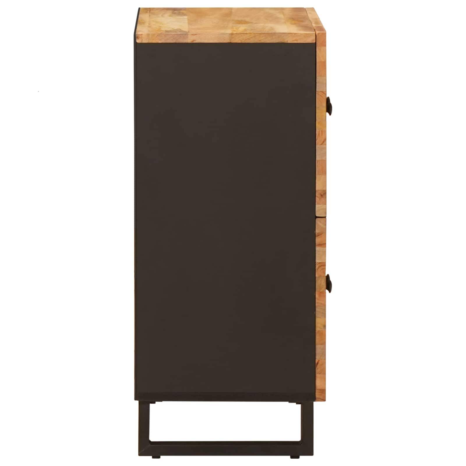 Ein Holzschrank mit einem schwarzen Metallkorpus, der zwei seitliche Griffe aufweist, aus einem Seitenwinkel betrachtet.