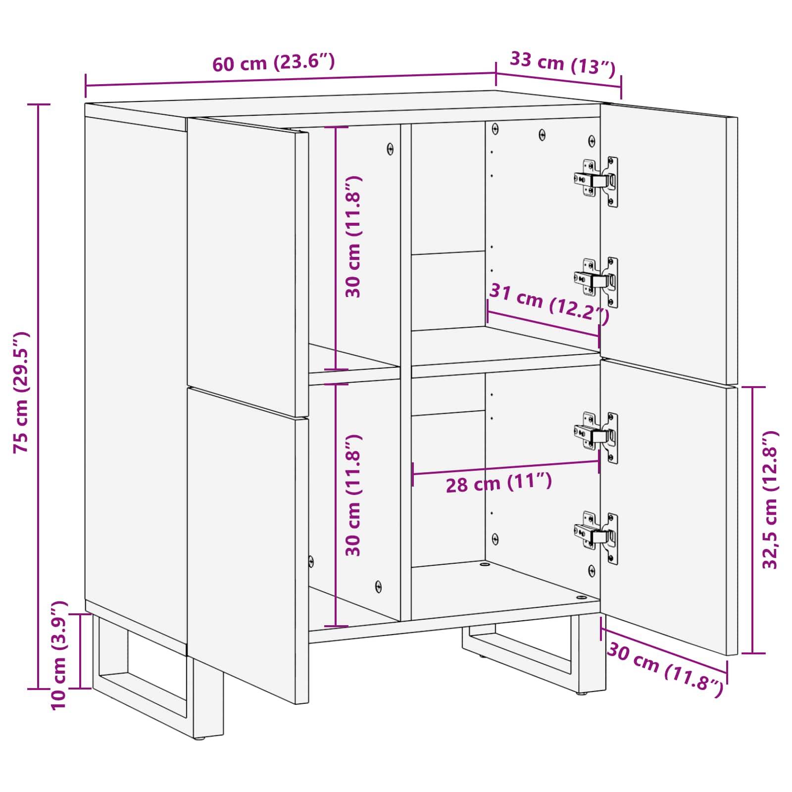 Schrankschema zeigt Abmessungen: H 75 cm (29,5"), B 60 cm (23,6""), T 33 cm (13""). Innenfächer: H 31 cm (12,2""), B 28 cm (11"").