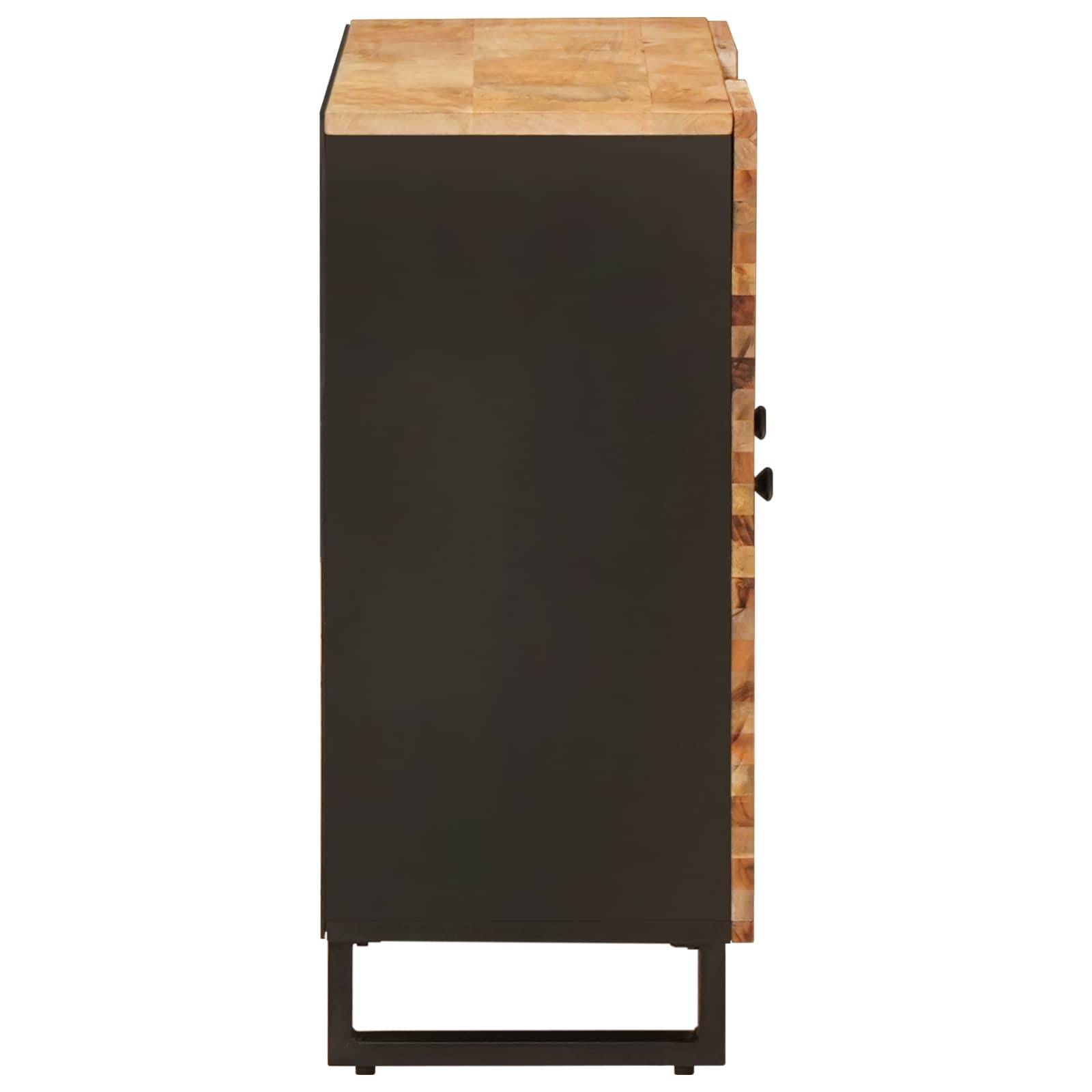 Ein zweifarbiger Holzschrank mit hellem Holz an der Decke und der Tür, dunklen Seiten und Basis.