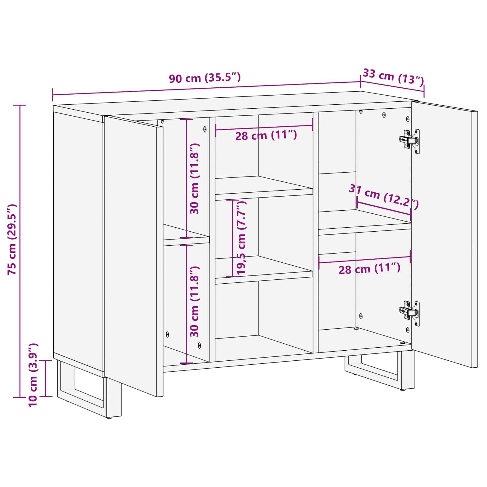vidaXL Seitenschrank mit Tür Braun 90 x 33 x 75 cm Massivholz Mango