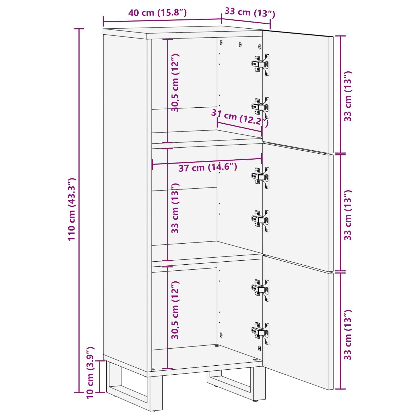 Ein zweitüriger Schrank mit drei Einlegeböden wird gezeigt. Abmessungen: 110 cm hoch, 40 cm breit und 33 cm tief. Die Höhe jedes Einlegeboards beträgt 33 cm.