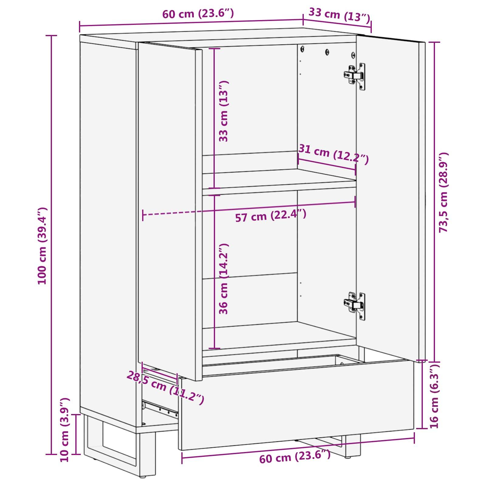 Offene Küchenschrank-Skizze mit Abmessungen: Höhe 100 cm, Breite 60 cm, Tiefe 33 cm. Enthält Ablagen, verstellbare Scharniere und eine Schublade.