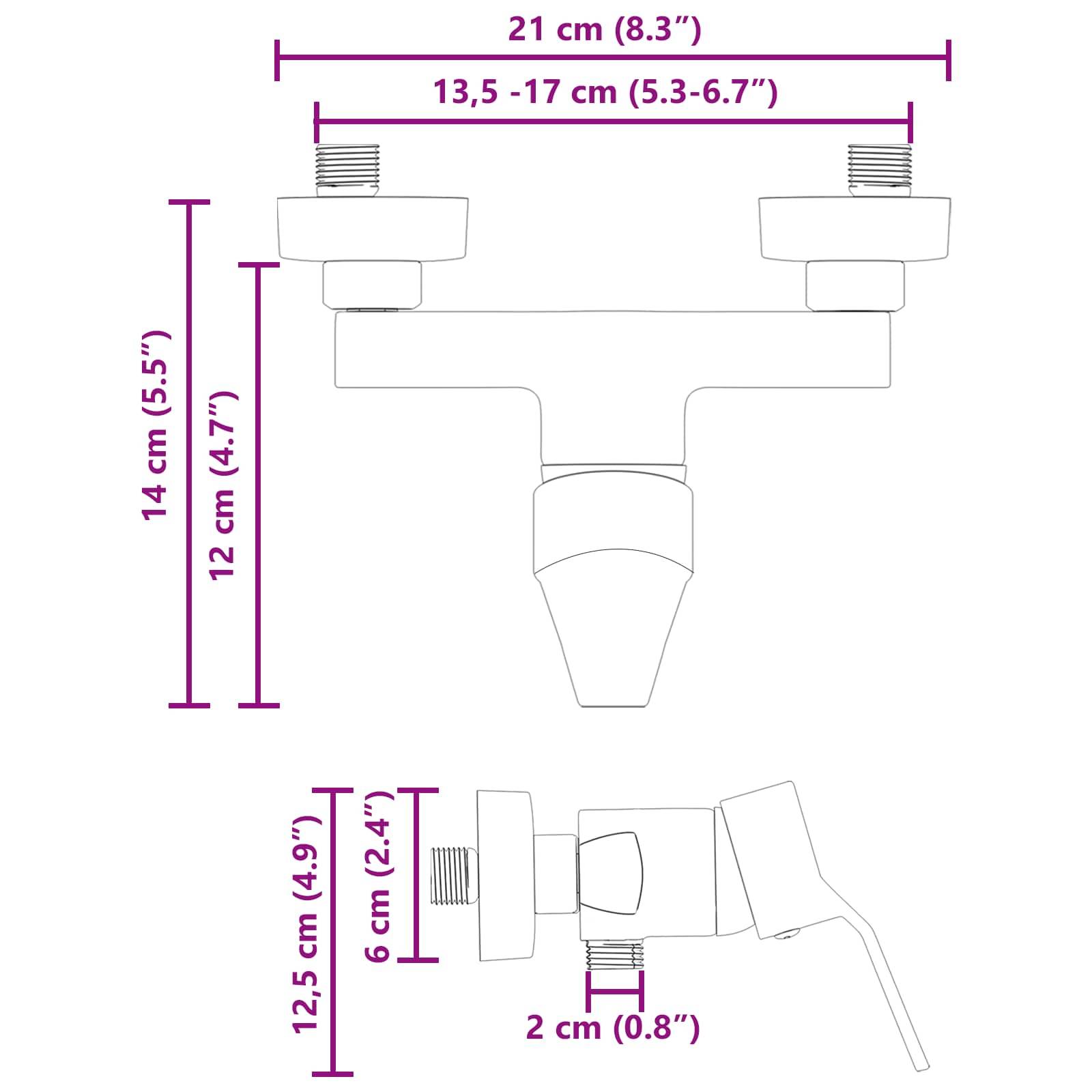 Diagramm einer Wandarmatur mit Maßangaben: Breite 21 cm (8,3