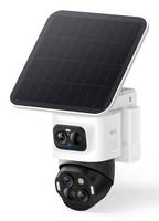 Solar-betriebene Sicherheitskamera mit einem großen Solarpanel, das über einer Dual-Lens-Kameraeinheit montiert ist.