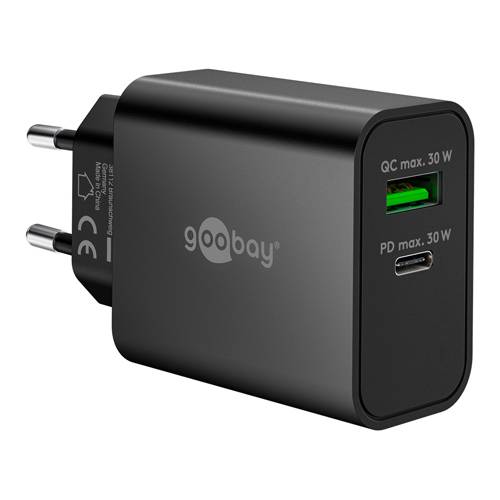 WENTRONIC 75335 - Dual-Schnellladegerät (Eurostecker Typ C / USB-C Buchse PD & USB-A Buchse QC | 30W | GaN) - schwarz