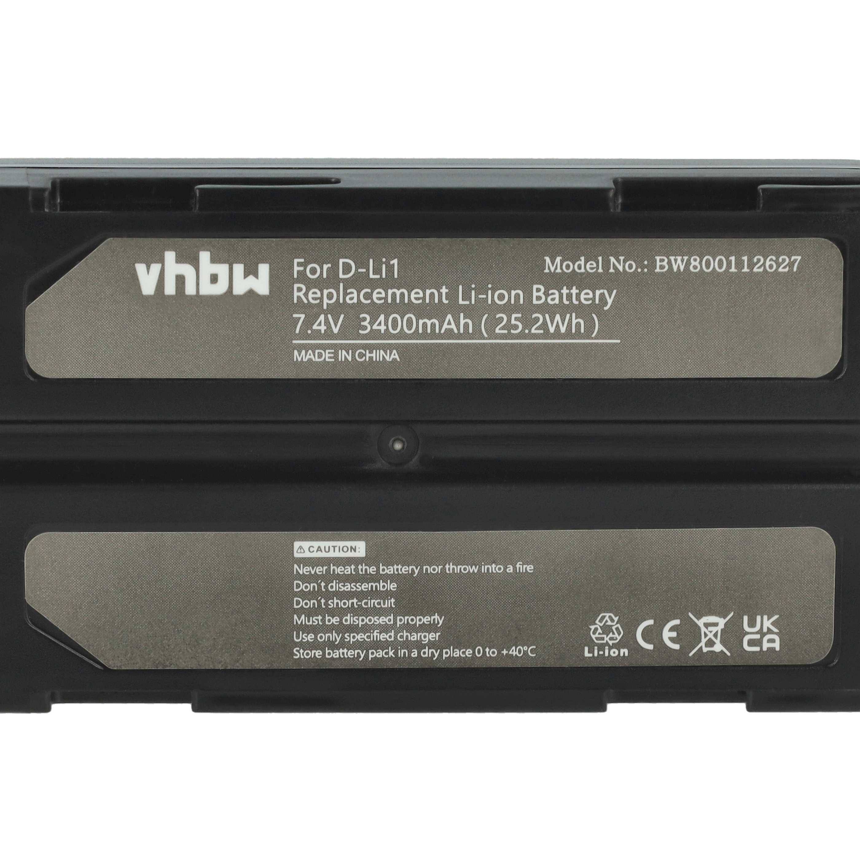 vhbw Ersatz Li-Ion Akku für D-Li1, Modell-Nr.: BW800112627, 7,4V 3400mAh (25,2Wh)', enthält Sicherheitshinweise, hergestellt in China.