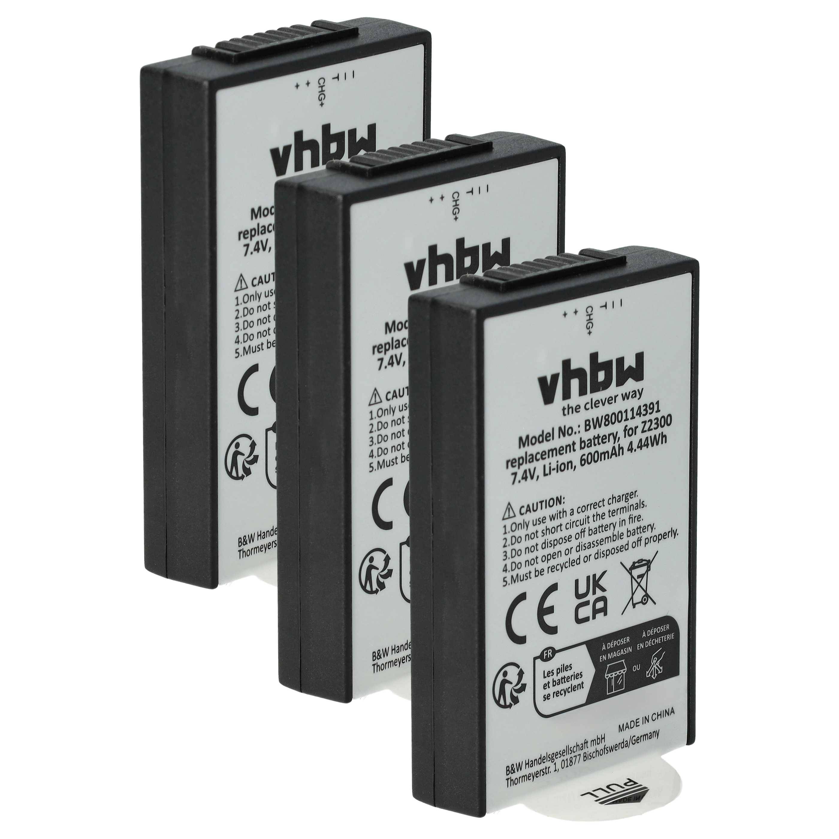 Drei wiederaufladbare Kamerabatterien mit der Bezeichnung 'vhbw', Modell BW800419431, 7,4V, 1100mAh, 8,14Wh, kompatibel mit vorgesehenen Geräten.