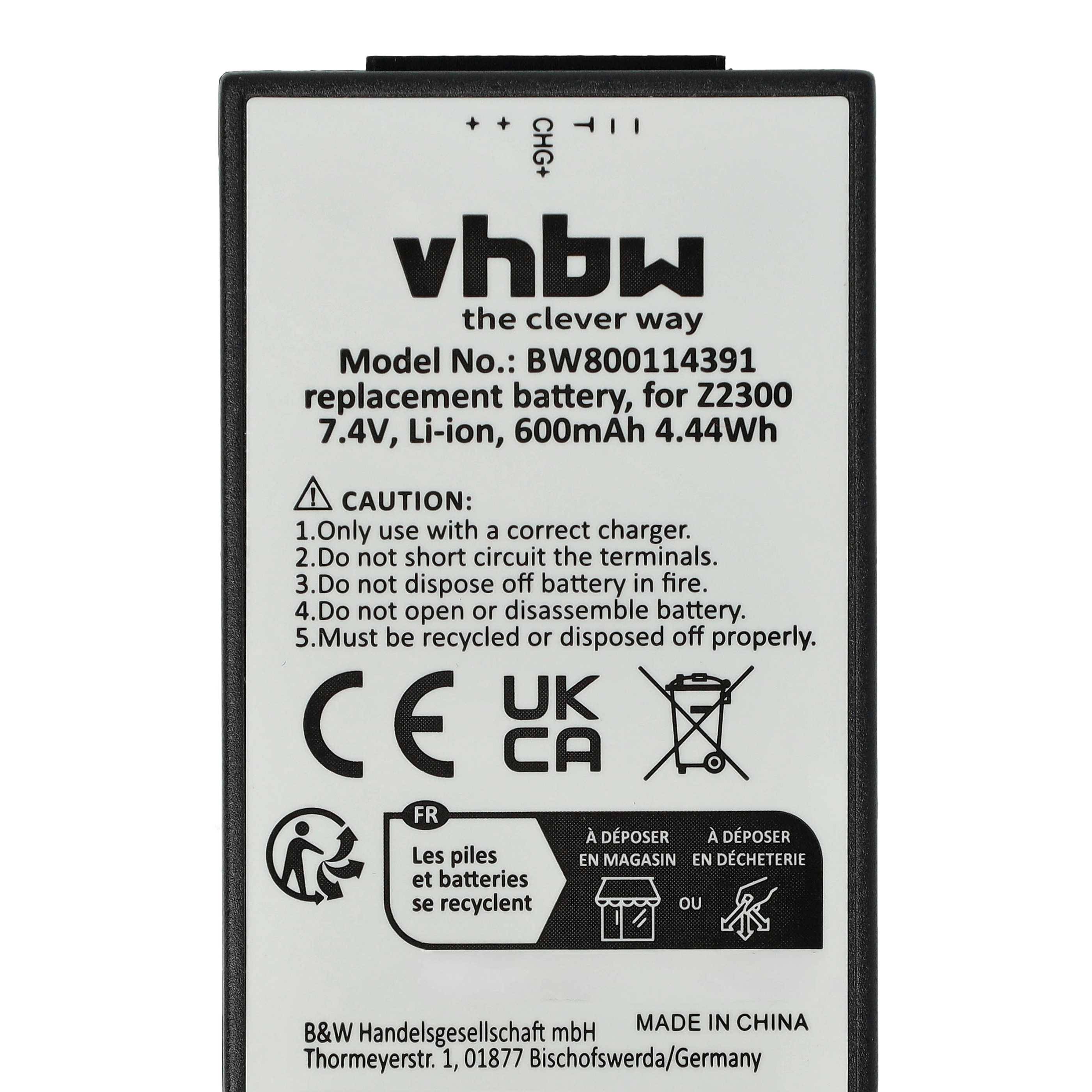 Ersatzbatterie für Iz300, 7,4V, Li-Ion, 600mAh 4,44Wh. Anleitung enthält Hinweise zur sachgemäßen Verwendung, Entsorgung und Wiederverwertung. Hergestellt in China.