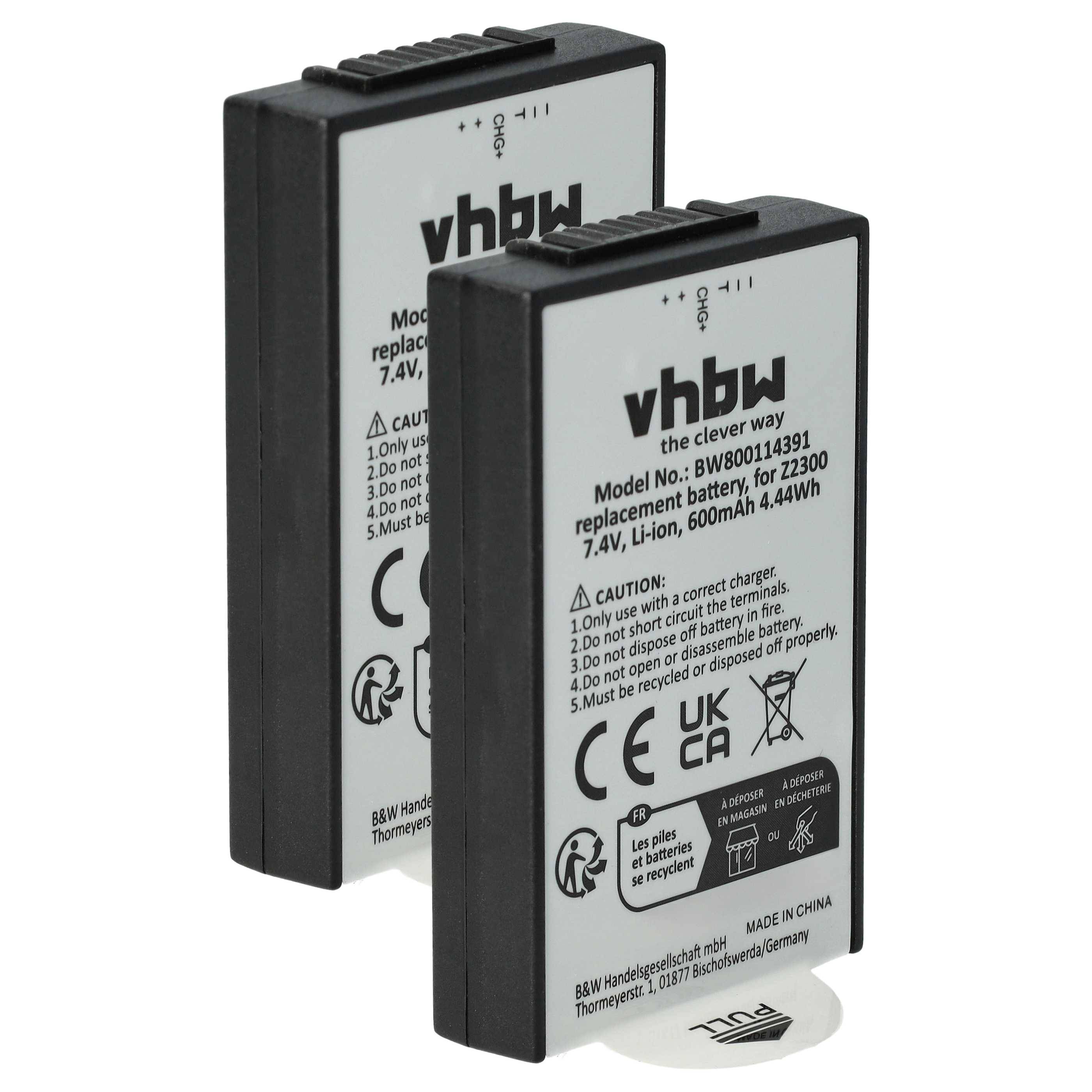Zwei wiederaufladbare Kamerabatterien mit der Beschriftung 'vhbw' und folgenden Spezifikationen: 7,4V, 600mAh, 4,44Wh, Modellnummer BBVO91143291. Sicherheitssymbole sichtbar.