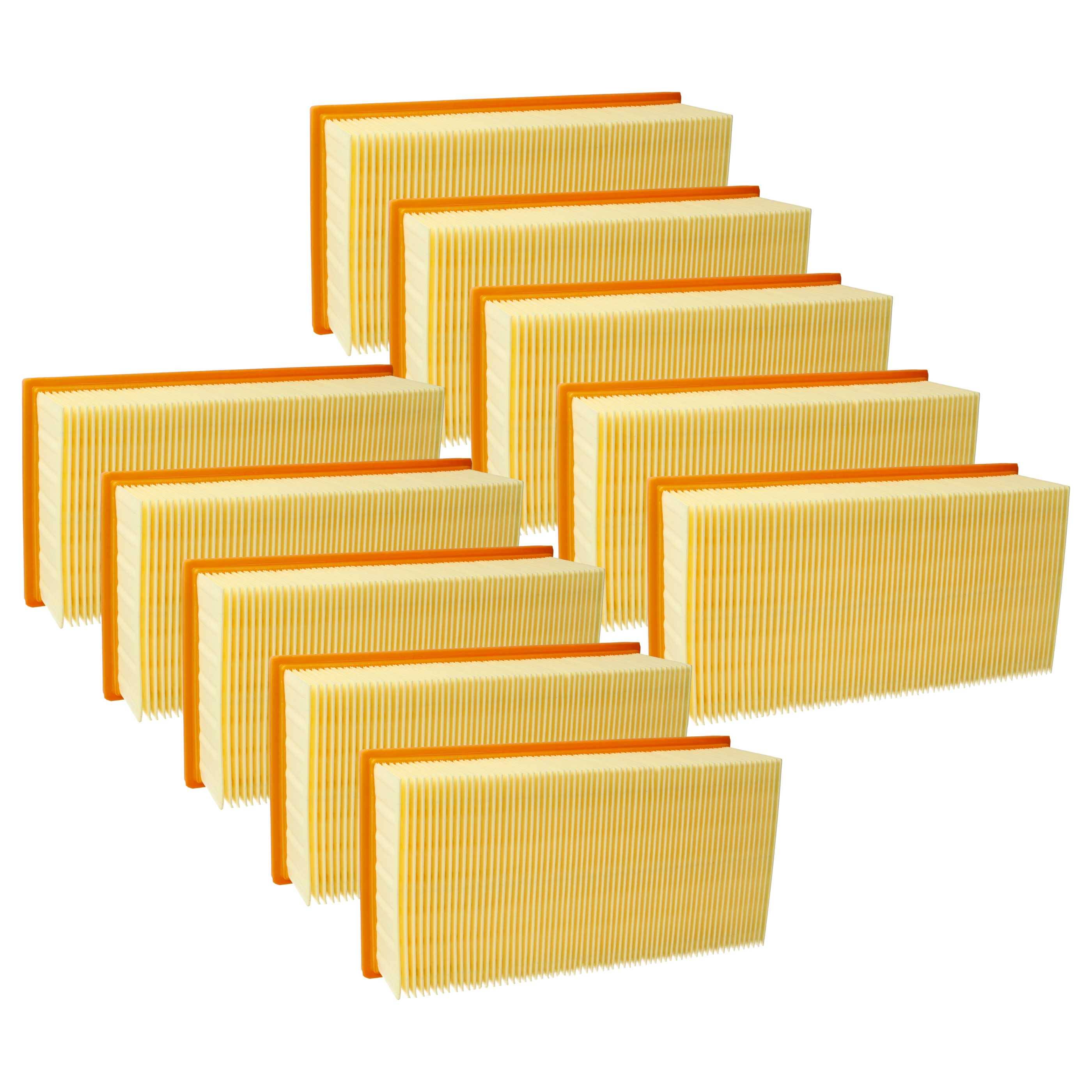 Eine Gruppe identischer gelber Luftfilter mit orangefarbenen Kanten, die in drei ordentlichen Reihen aufgereiht sind und ihre gefaltete Konstruktion präsentieren.