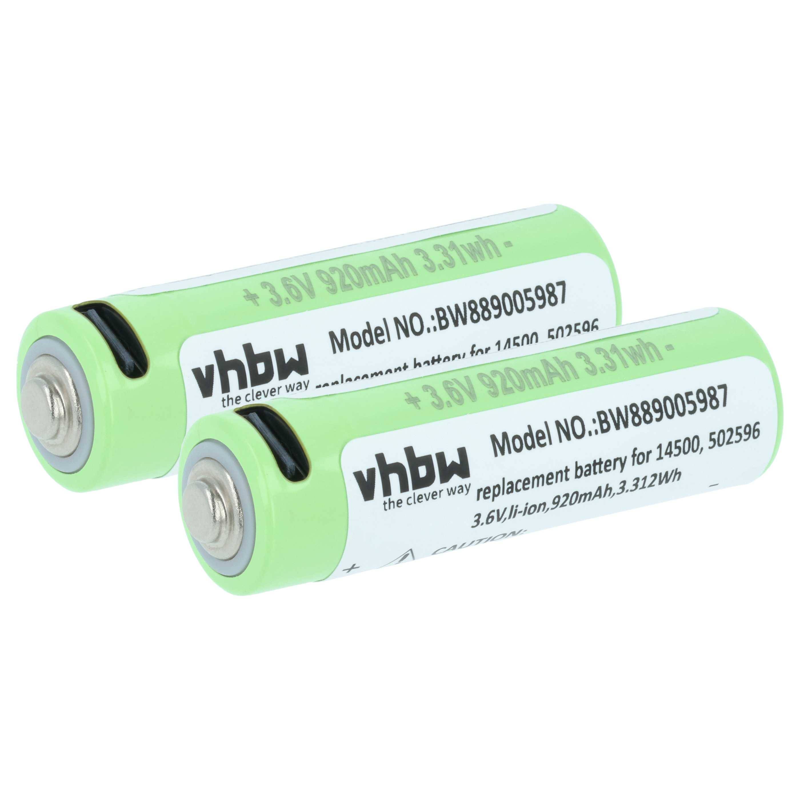 Zwei grüne vhbw Ersatzbatterien mit Kennzeichnung 'Modell-Nr.: BW889005987', '3,6V Li-Ion 920mAh 3,3Wh', mit Hervorhebung von Spannung und Kapazität.