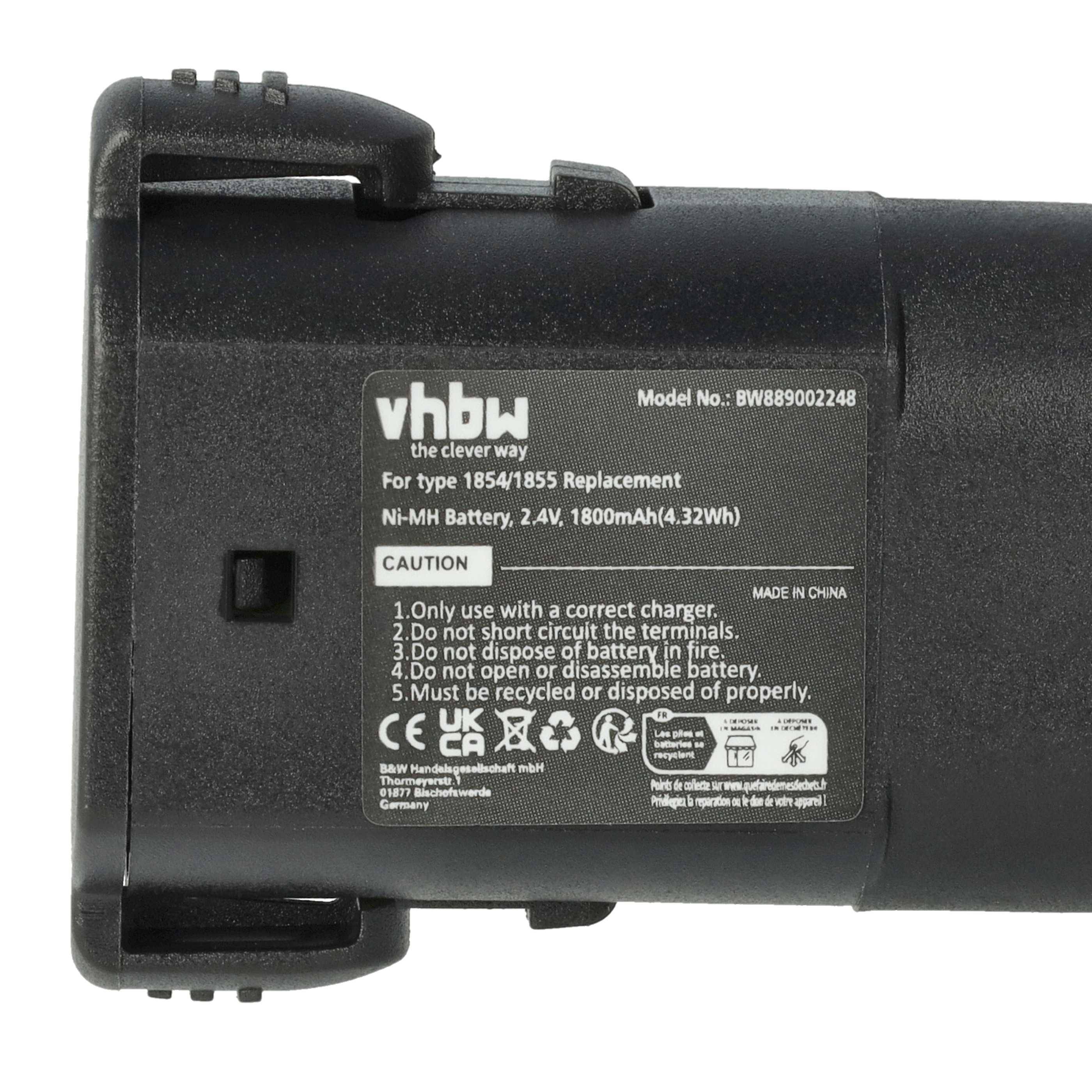 Ein schwarzer, rechteckiger Akkupack mit der Beschriftung 'vhbw' für Typ 1854/1855, 1800mAh, 2,4V. Warnhinweis empfiehlt die Verwendung eines geeigneten Ladegeräts.
