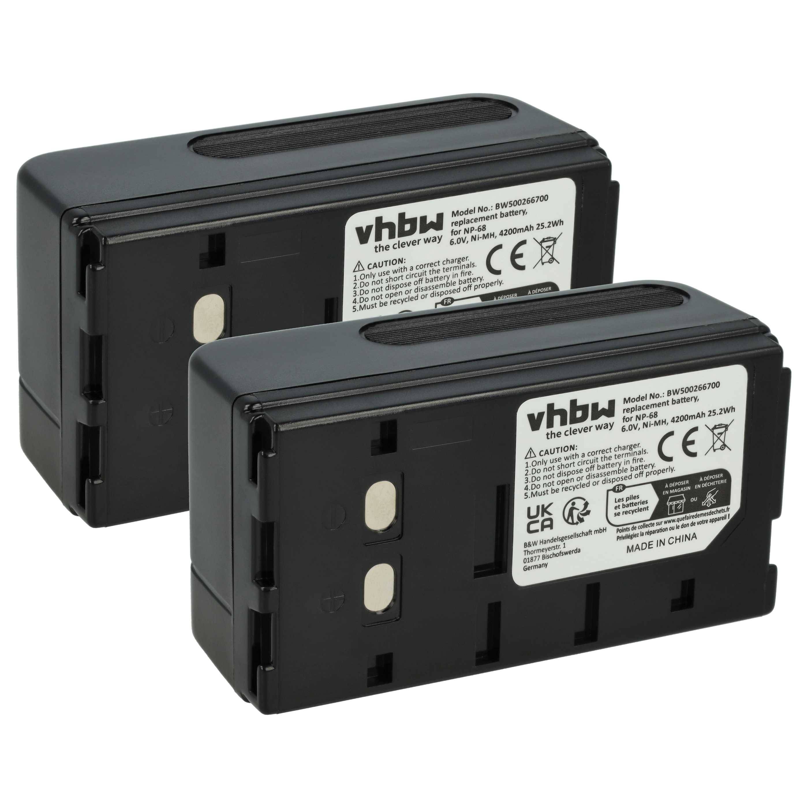 Zwei schwarze wiederaufladbare vhbw Batterien mit Modelldetails und Warnaufklebern. Geeignet für den Outdoor-Einsatz, hergestellt in China.