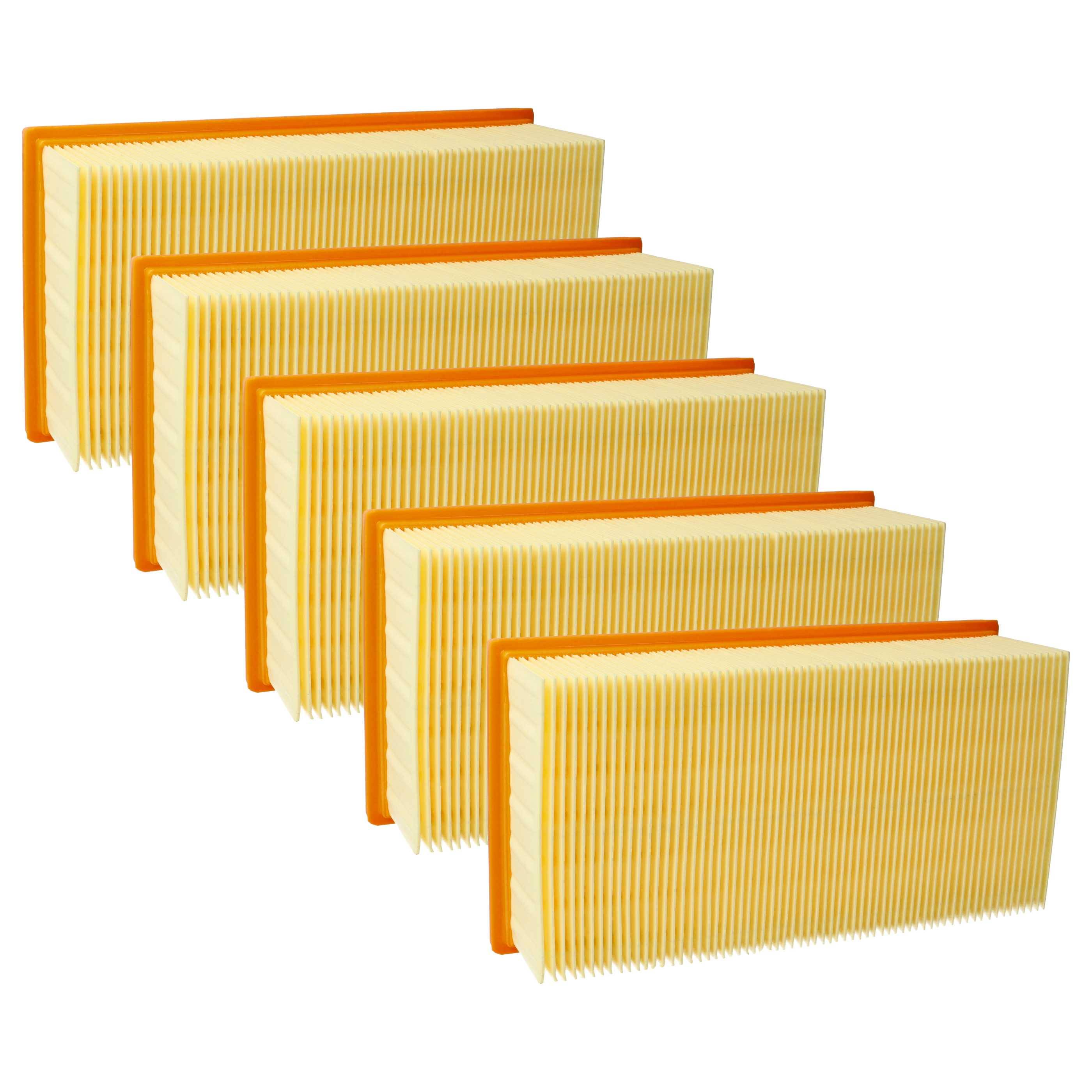 Fünf rechteckige Luftfilter mit orangefarbenen Rahmen und gefalteten gelben Oberflächen sind in einer Reihe angeordnet und zeigen ihre Tiefe und Details.