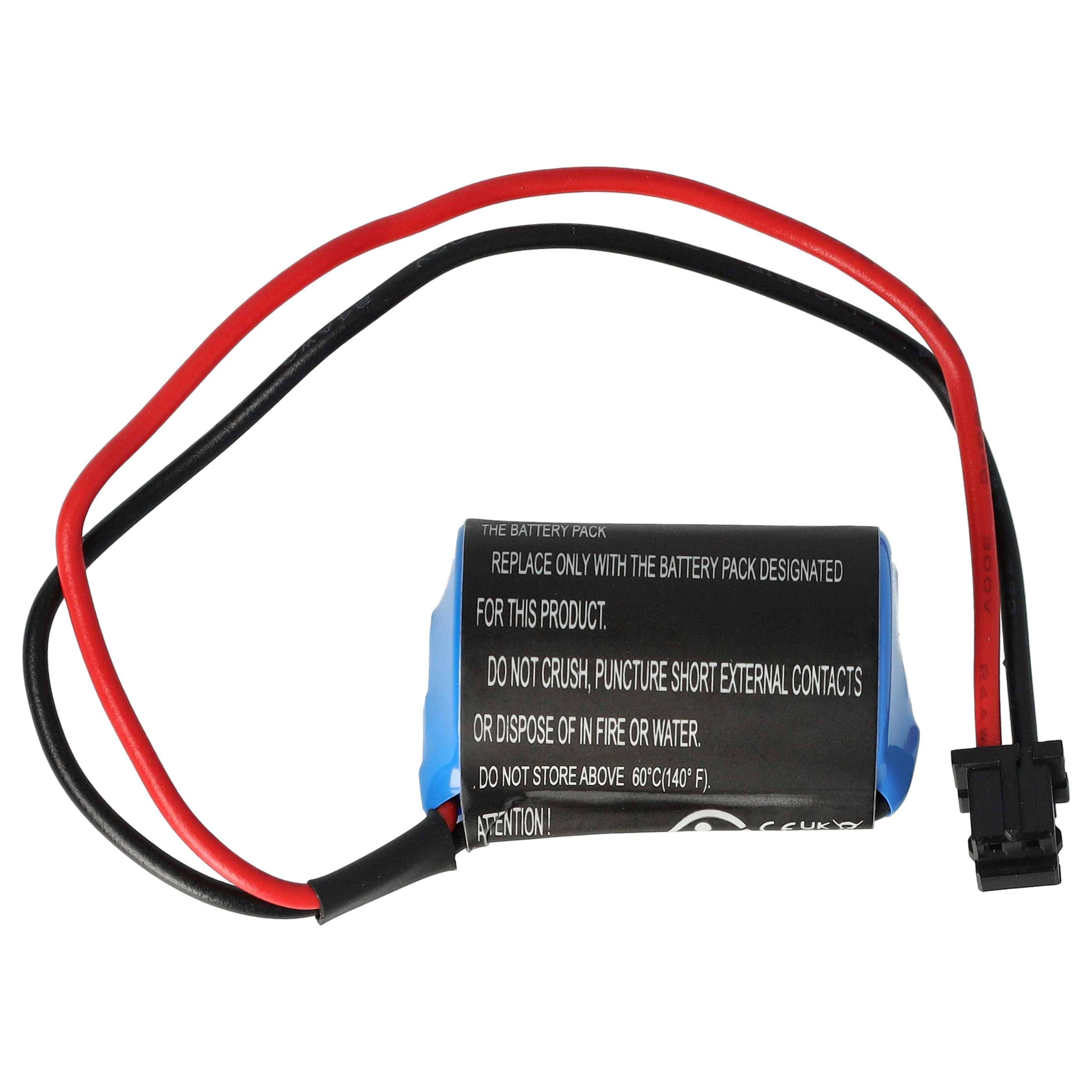 Eine schwarze und blaue wiederaufladbare Batterie mit angeschlossenen roten und schwarzen Kabeln, versehen mit Sicherheitshinweisen zum Austausch und zur Handhabung.