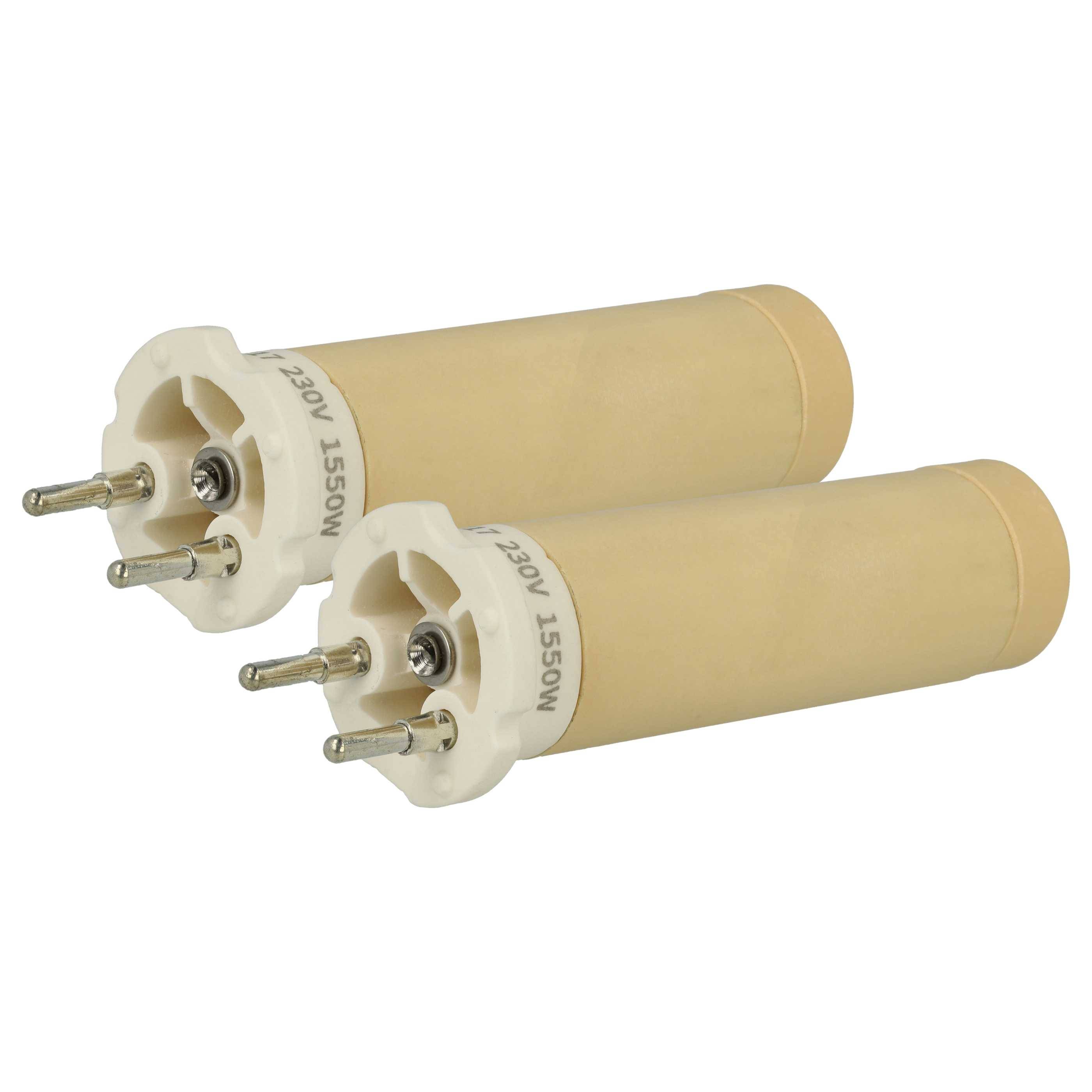 Zwei beige zylindrische elektrische Komponenten mit Metallstiften und weißen Enden, beschriftet mit 'MOSST 230V ROHS'.