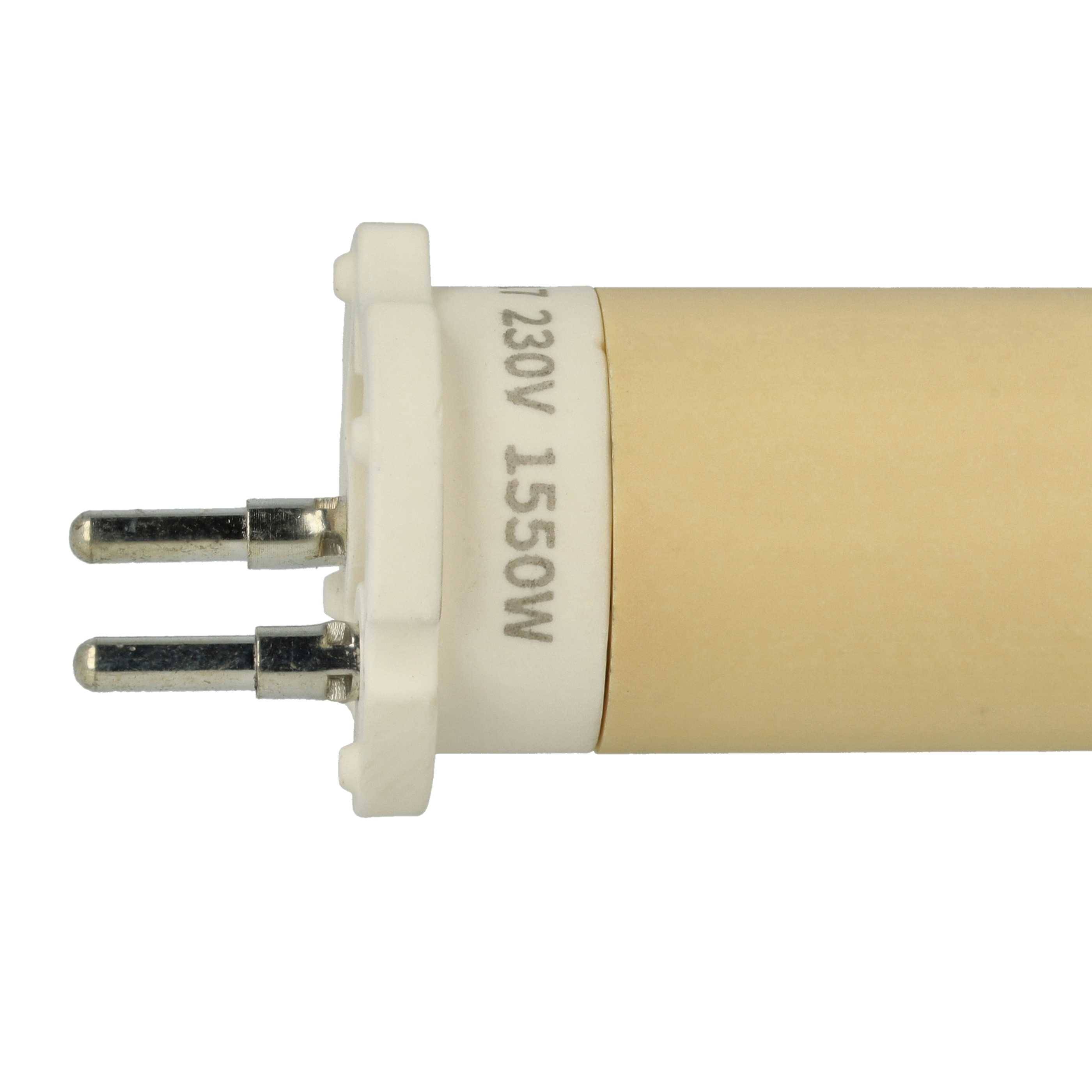 Eine Nahaufnahme eines Halogenheizelementes mit keramischen Anschlüssen, mit der Beschriftung '230V 1550W', die seine Metallstifte und beige Oberfläche präsentiert.