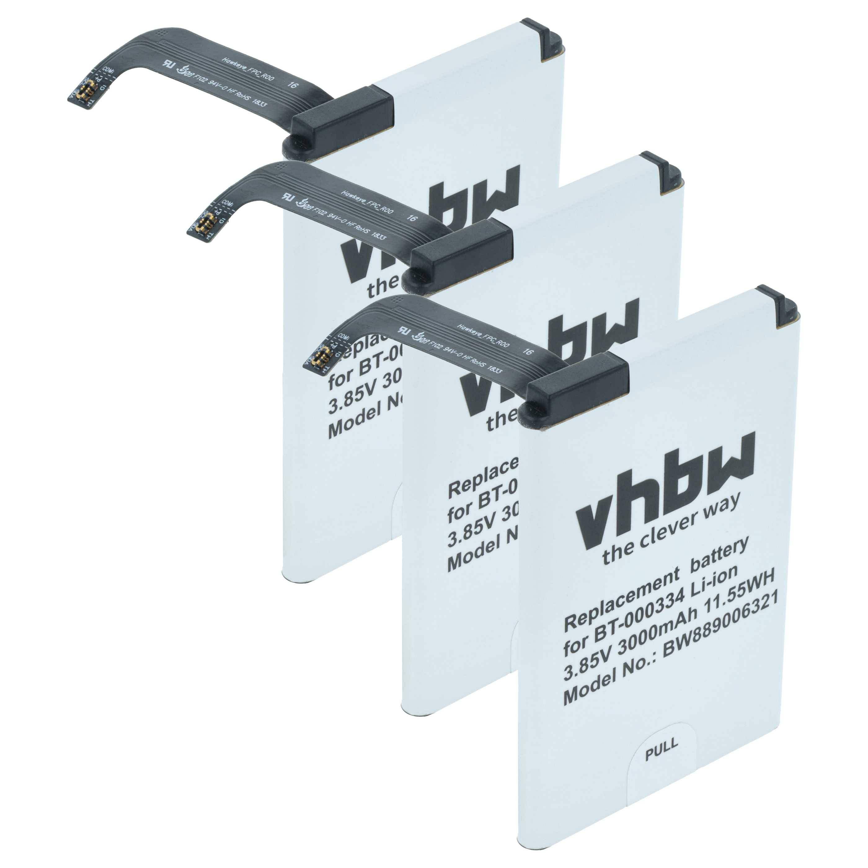 Drei vhbw Ersatzbatterien für BT-000334 Li-Ion, 3,85V, 3000mAh, Modell BW898006321, mit angeschlossenen Anschlüssen.