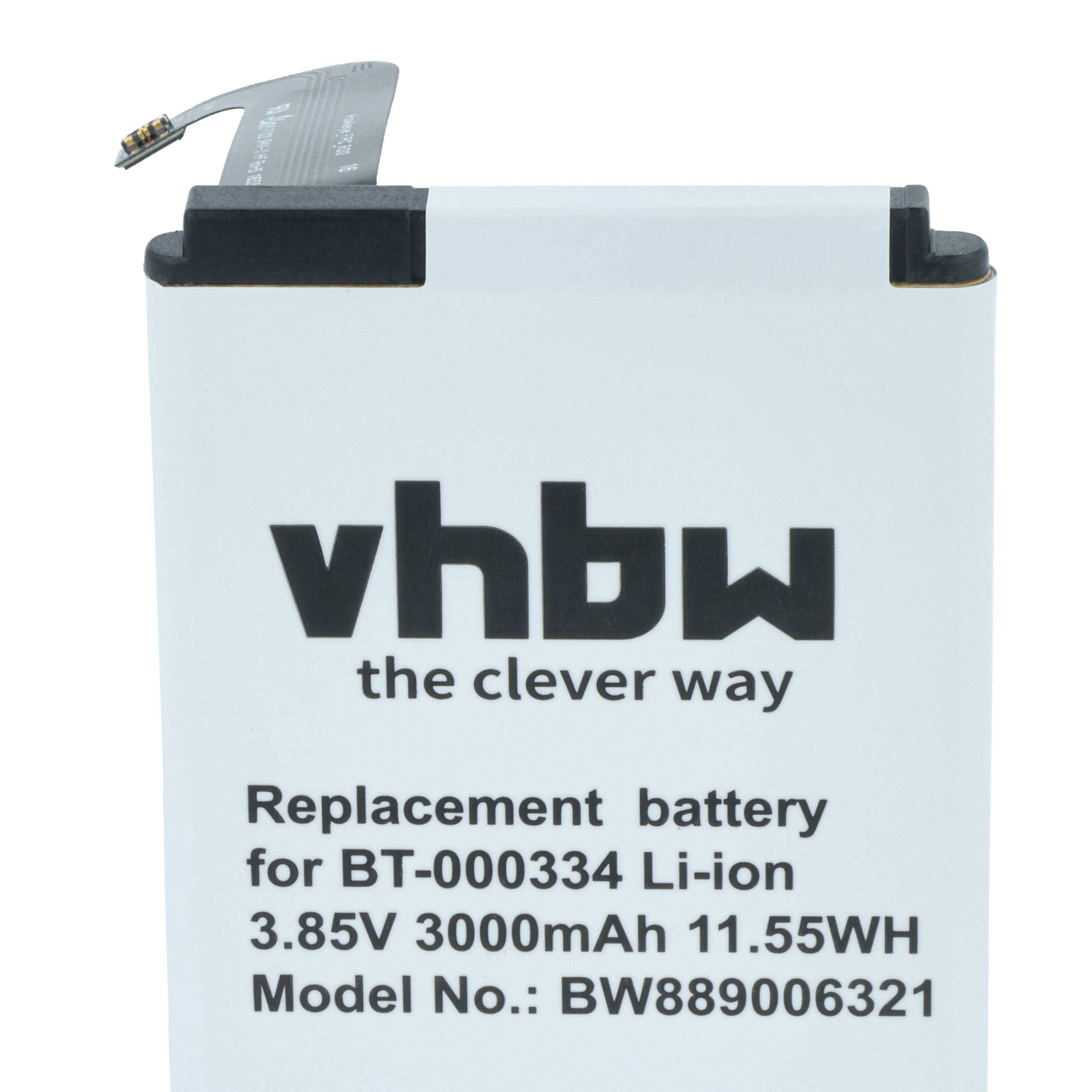 Ersatzakkupack mit Aufschrift 'vhbw der clevere Weg'. Technische Daten: 3,85V, 3000mAh, 11,55Wh. Modellnummer: BW889006321.