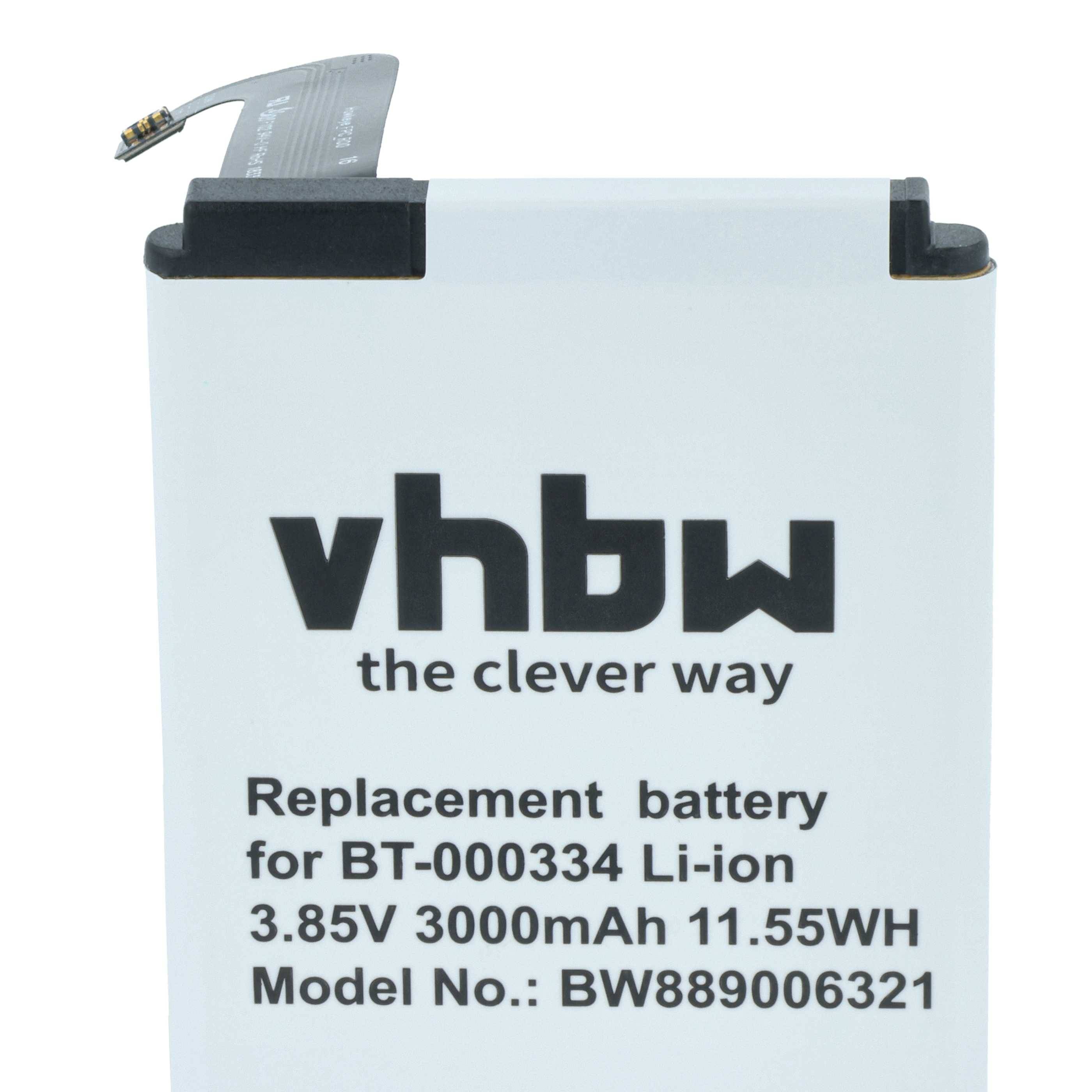 Eine Lithium-Ionen-Ersatzbatterie mit der Bezeichnung ‚vhbw the clever way', mit Modellnummer BW889006321 und den technischen Daten: 3,85V, 3000mAh, 11,55Wh.