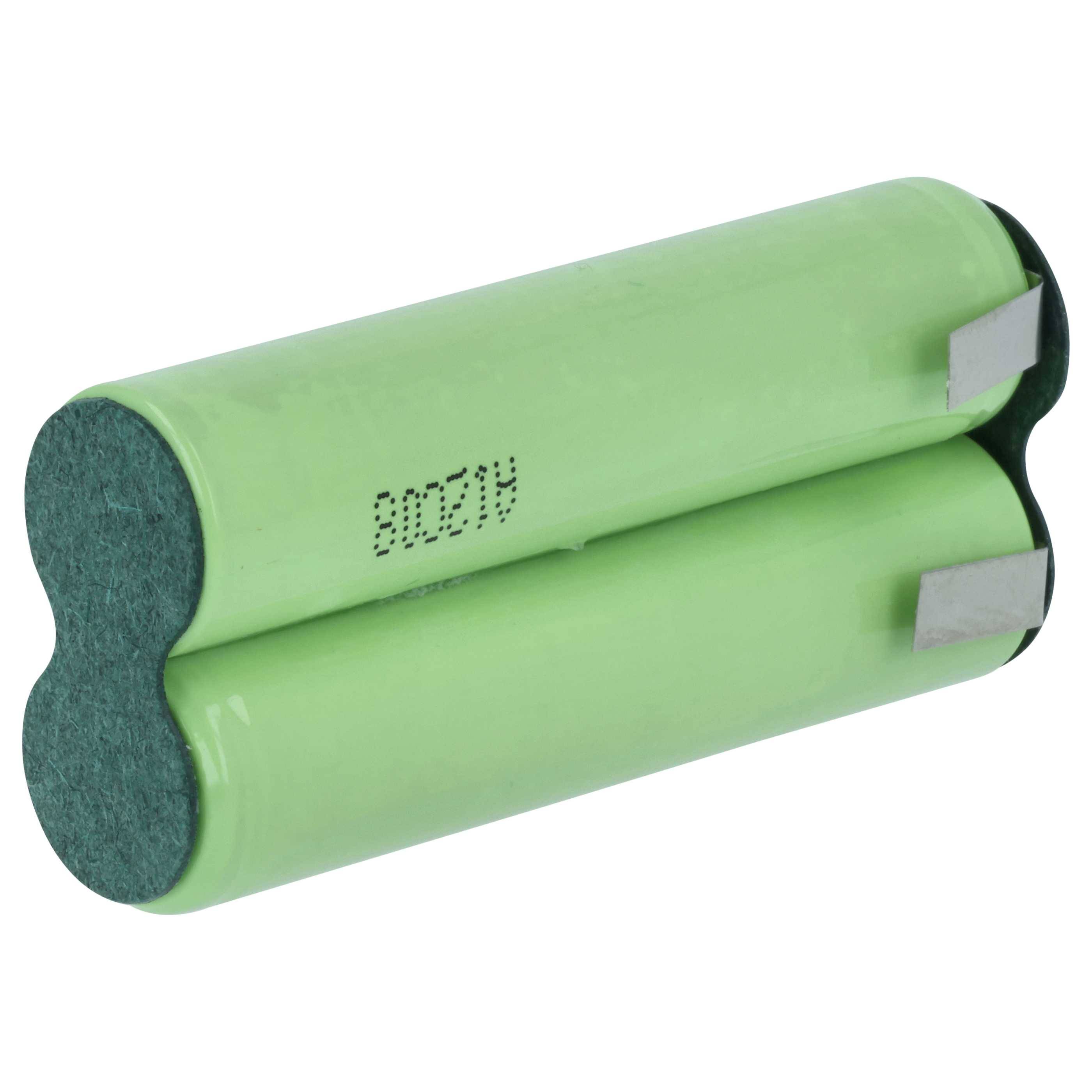 Ein grünes, zylindrisches Batteriepack mit zwei nebeneinander liegenden, leicht schräg gestellten Zellen und Metallanschlüssen an den Enden für Verbindungen.