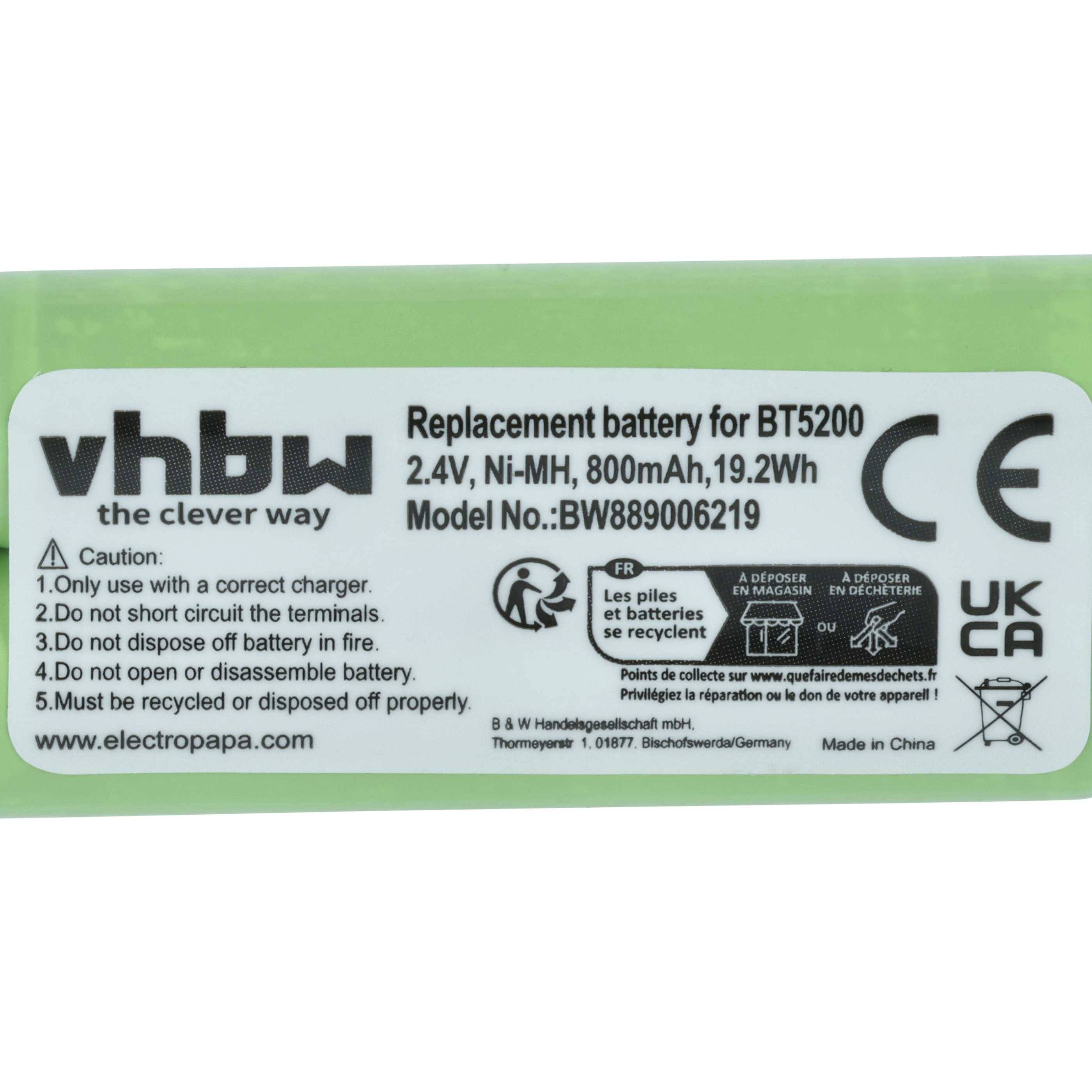 Ersatzbatterie-Etikett für BT5200: 2,4V, Ni-MH, 800mAh, 19,2Wh. Modell-Nr.: BW889006219. Warnhinweise umfassen die Verwendung eines korrekten Ladegeräts.
