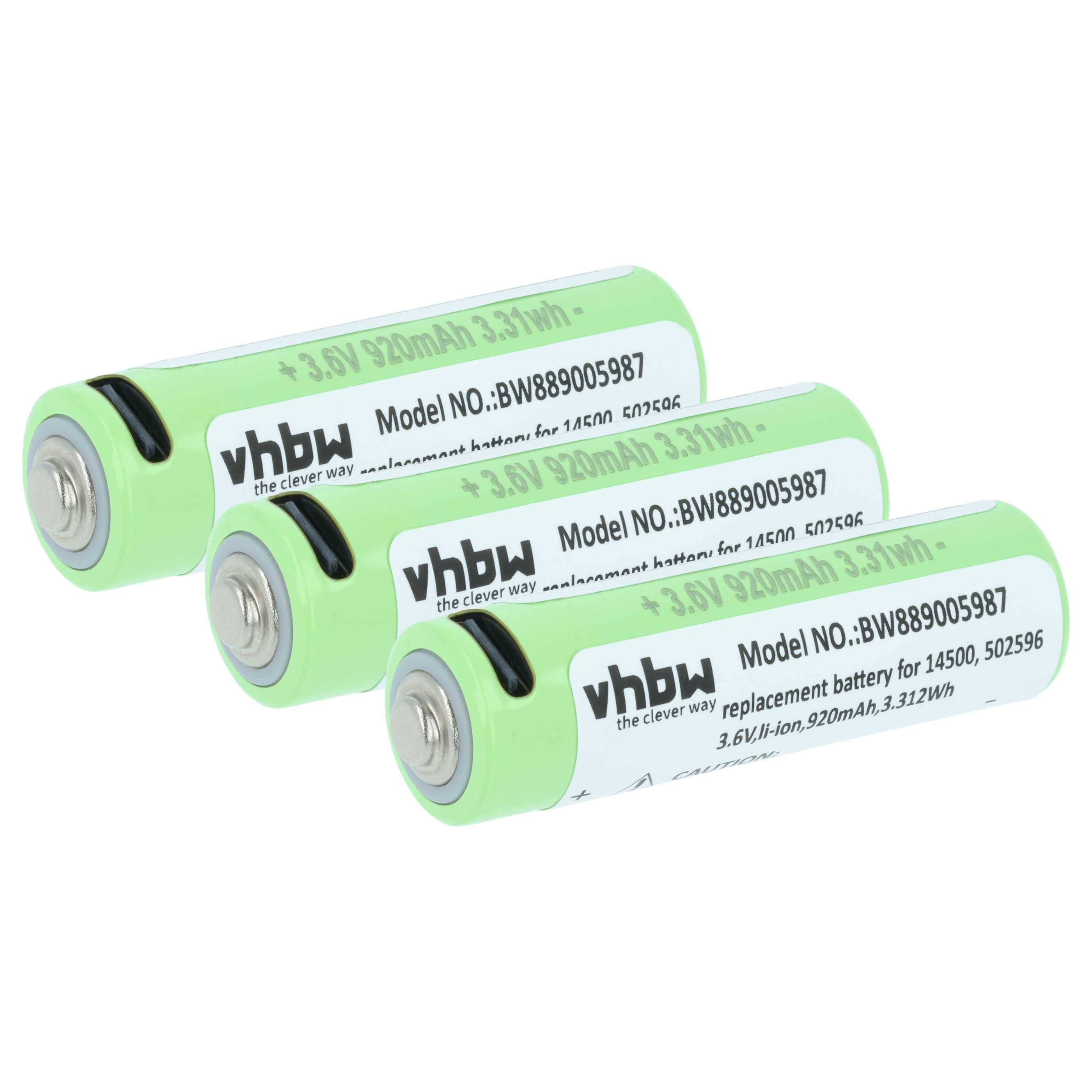 Drei grüne wiederaufladbare Batterien mit 'vhbw' Logo und Modellnummer BW889005987. Jede Batterie ist mit 3,6V-920mAh-3,312Wh bewertet.