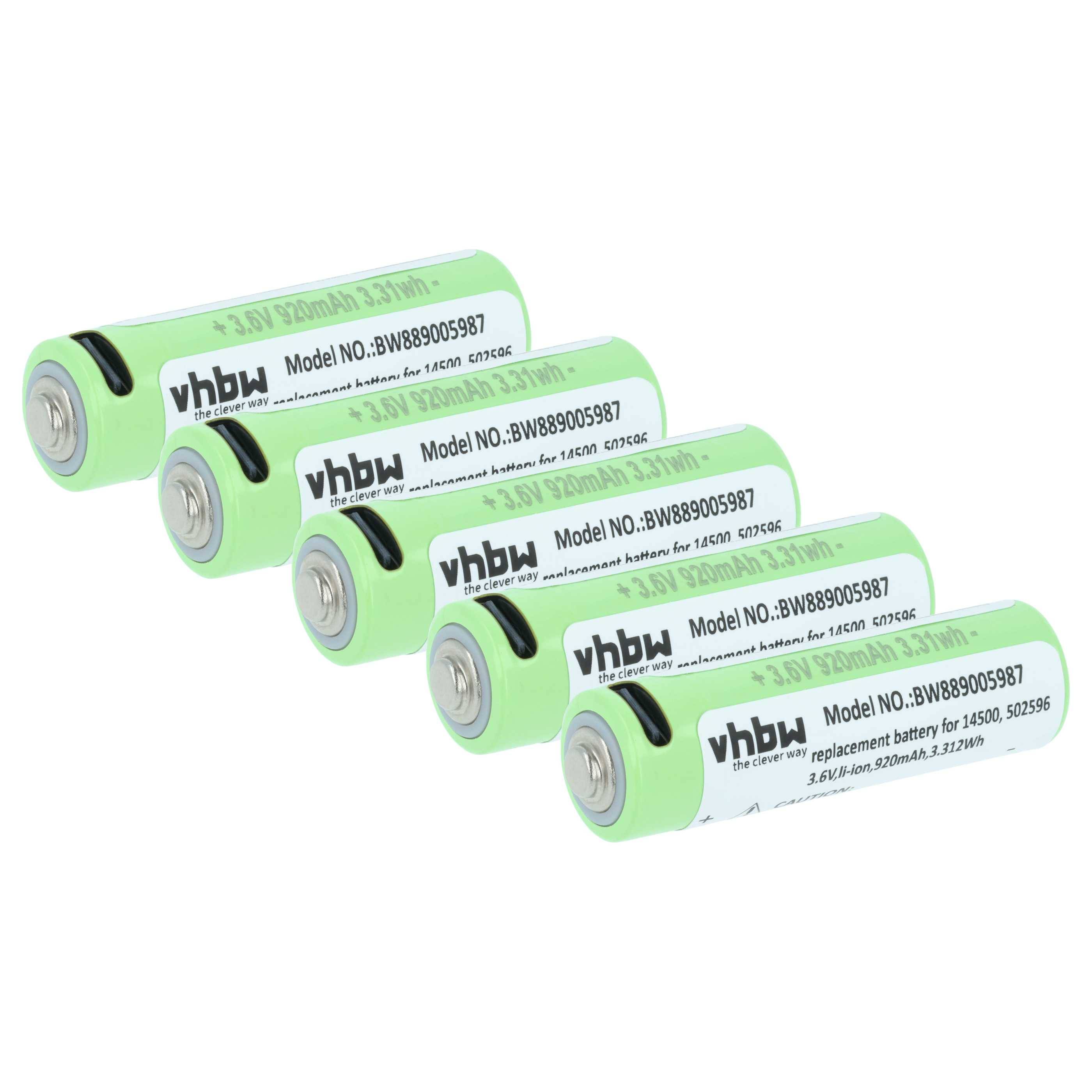 Fünf grüne zylindrische Batterien mit der Beschriftung 'vhbw', Modellnummer 'BVB89005987', kompatibel mit '14500, S025036', in einer Reihe angeordnet.