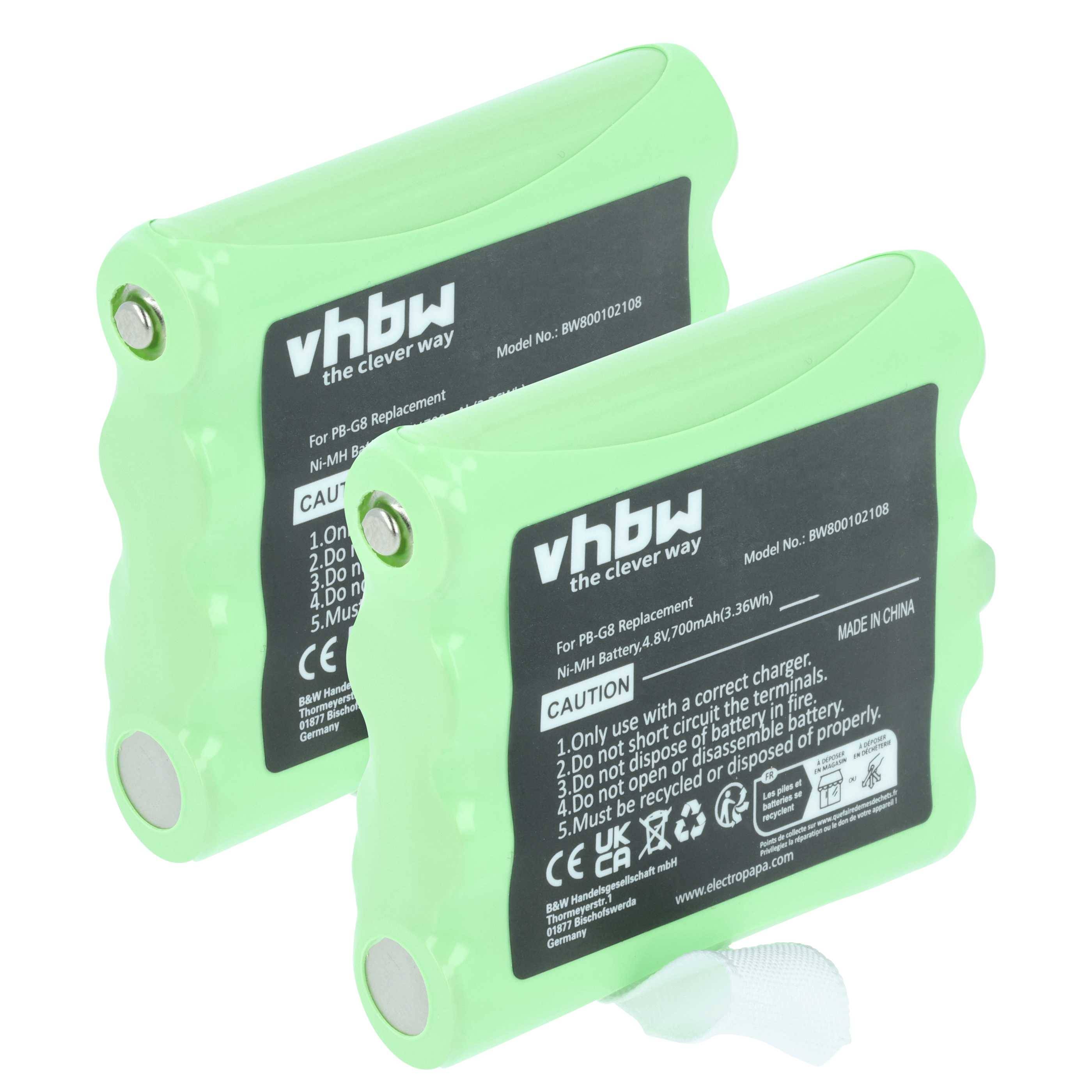 Zwei grüne wiederaufladbare Batterien mit der Bezeichnung 'vhbw', mit Sicherheitshinweisen und Spezifikationen, geeignet für PG GB6 Geräte.