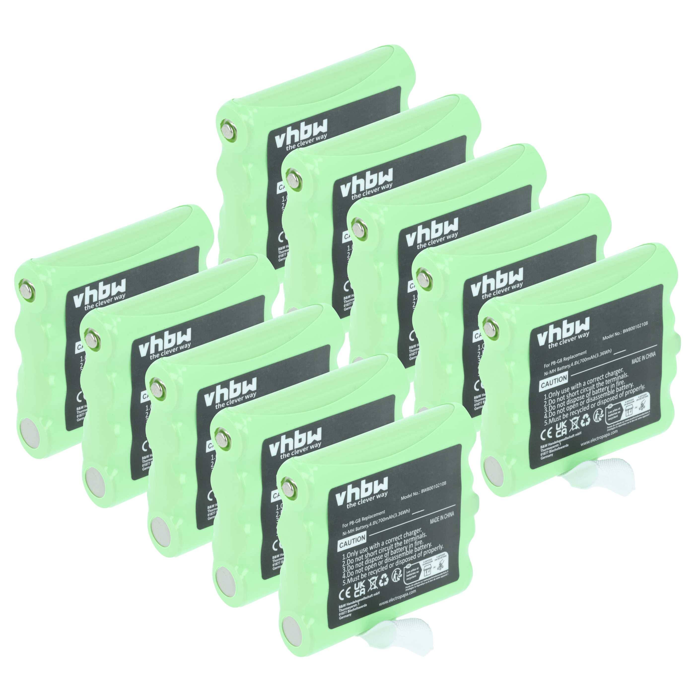 Grüne vhbw-Akkus für Mobiltelefone werden gezeigt, mit Etiketten mit technischen Daten und Sicherheitsinformationen, in zwei Reihen angeordnet.