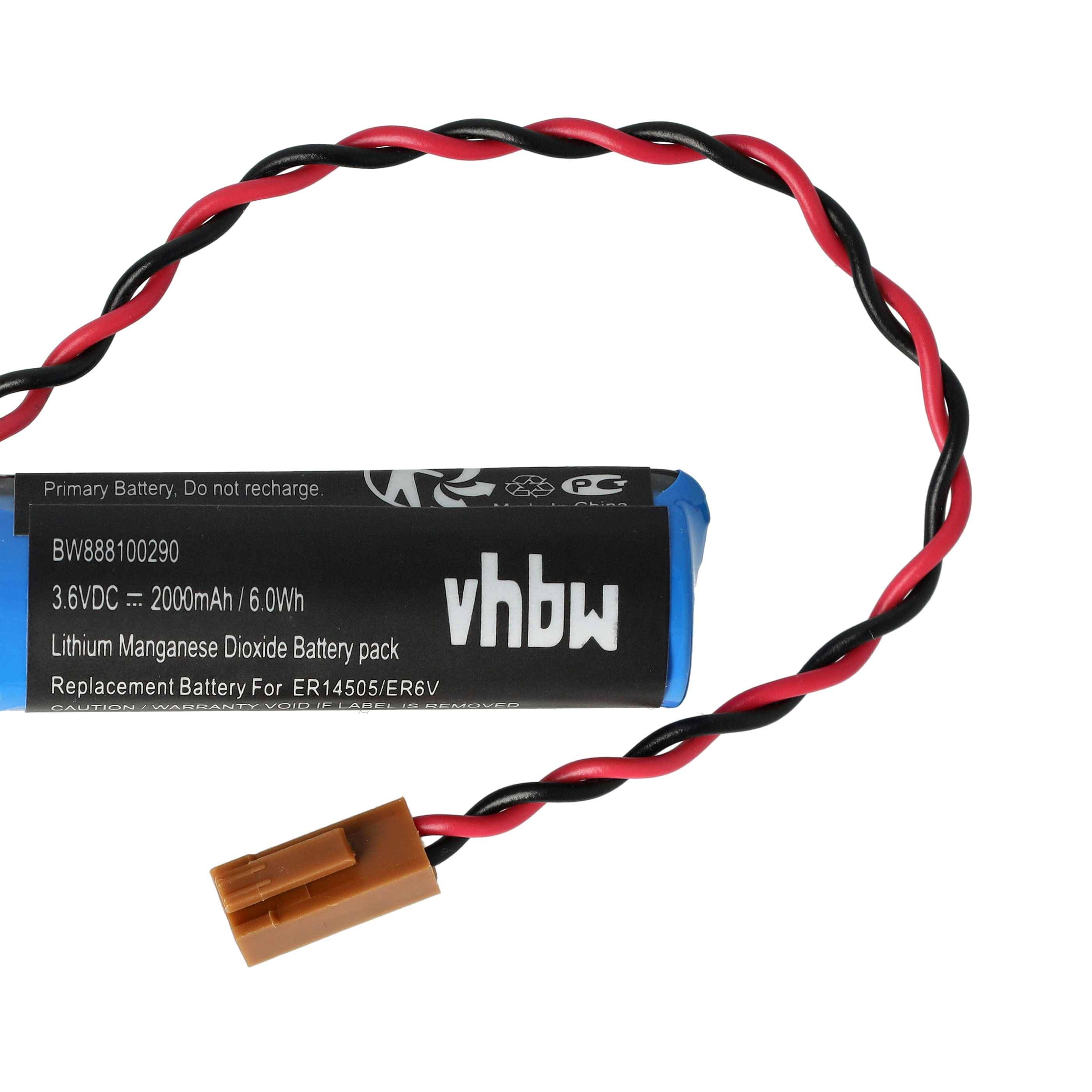 Ein verdrehter rot-schwarzer Draht verbindet sich mit einer blauen Lithium-Mangandioxid-Batterie mit der Beschriftung ‚vhbw', 3,6V, 2000mAh und orangefarbenem Anschluss.