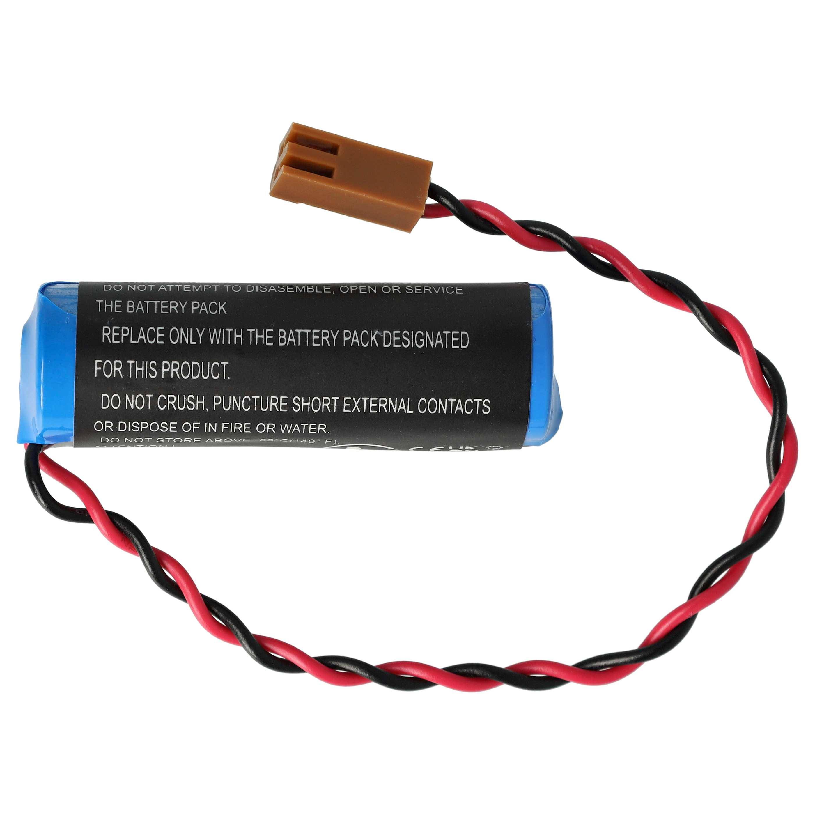 Blauer und schwarzer zylindrischer Akkupack mit verdrehten roten und schwarzen Kabeln, verbunden mit einem braunen Stecker.