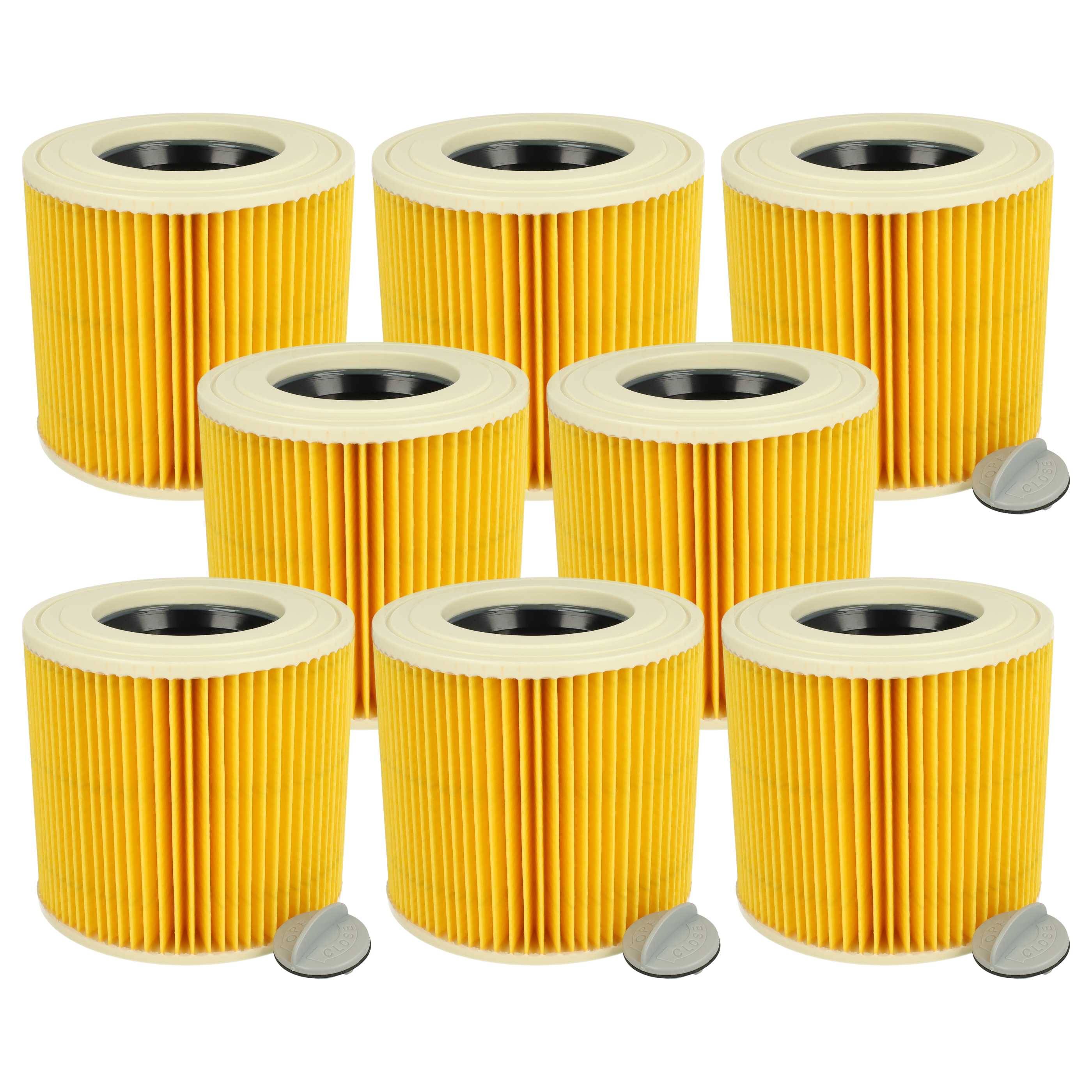 Sieben gelbe Poolfilter-Kartuschen in einer Pyramidenform angeordnet.