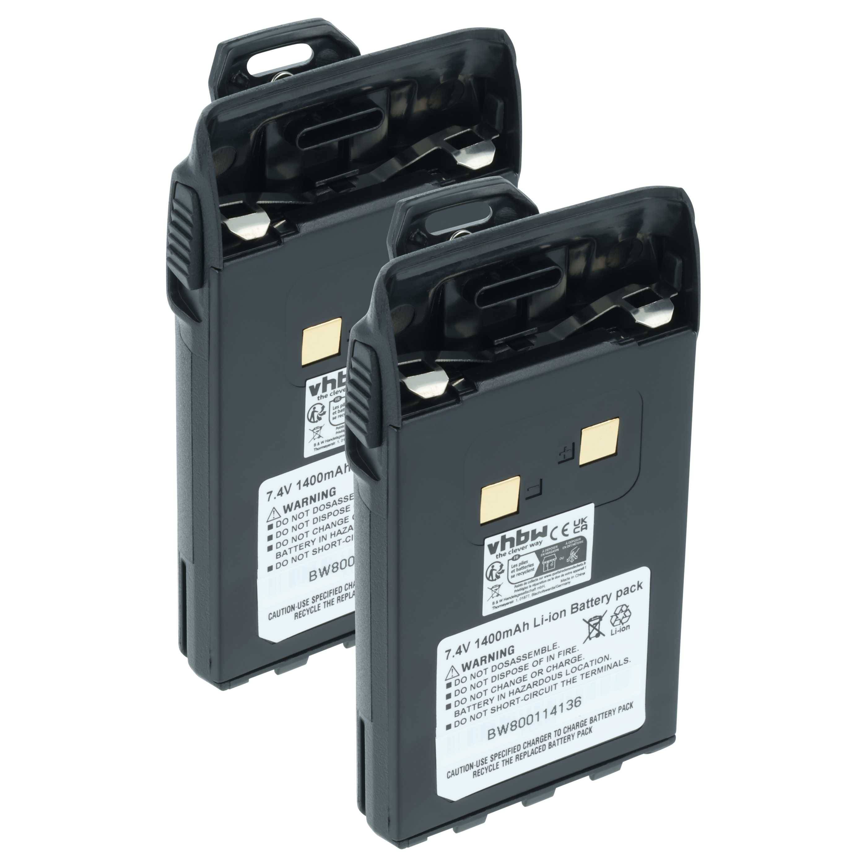 Zwei vhbw Lithium-Ionen-Akkupacks, 7,4V, 1400mAh, mit Warnhinweisen, nebeneinander vor einem weißen Hintergrund.