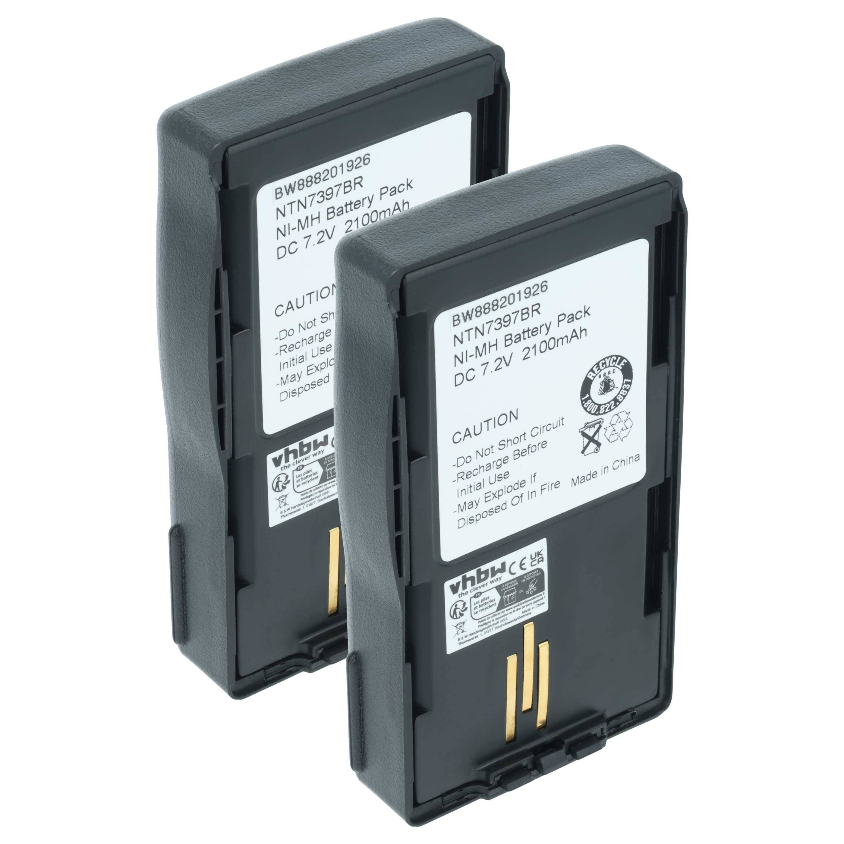 Zwei schwarze Ni-MH-Akkupacks mit den Bezeichnungen 'BW888201926', 'NTN7387BR', 7,2V, 2100mAh für elektronische Geräte.