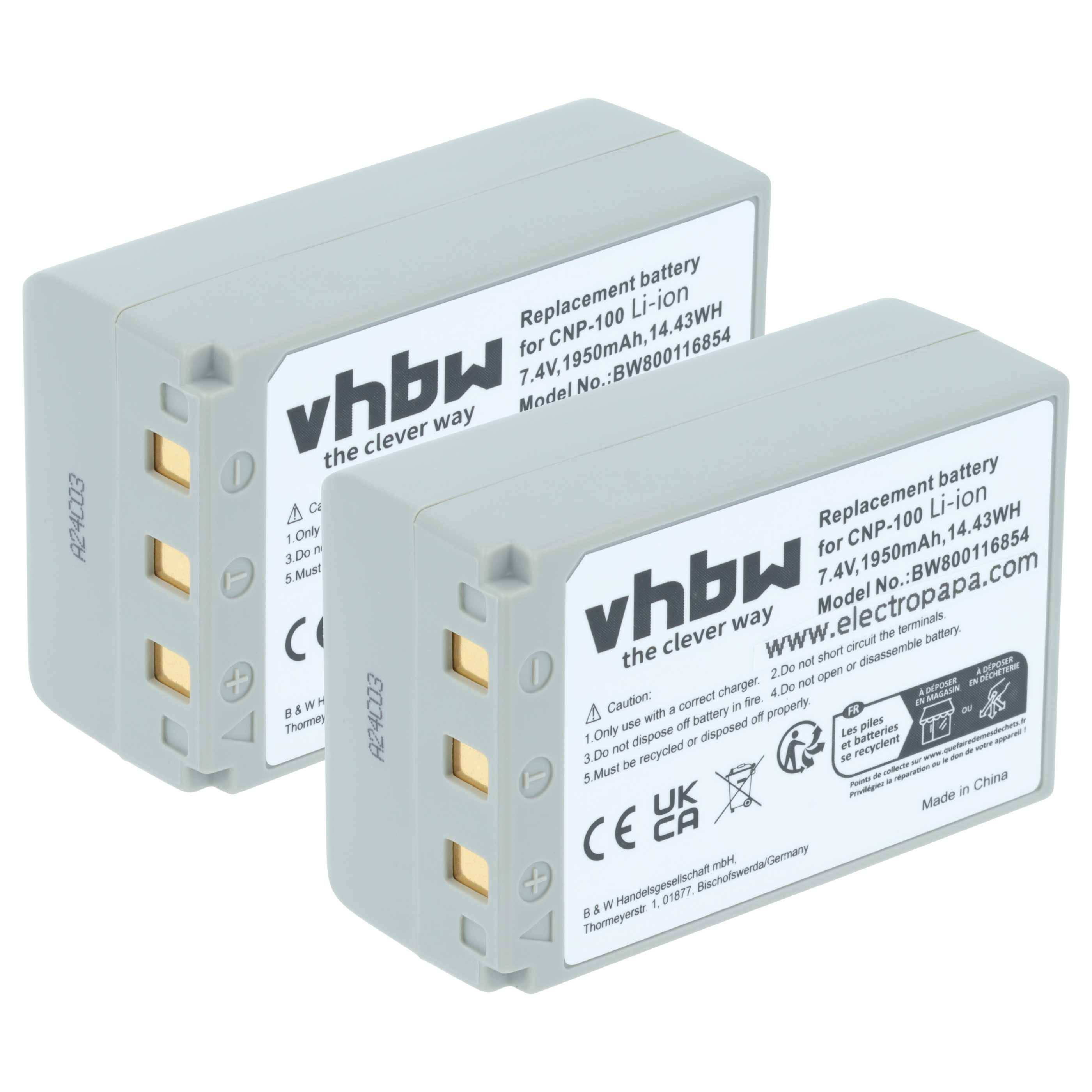 Zwei graue Ersatz-Lithium-Ionen-Akkus, gekennzeichnet mit der Marke 'vhbw', die Kompatibilitätsdetails und Spezifikationen wie Modell und Spannung anzeigen.