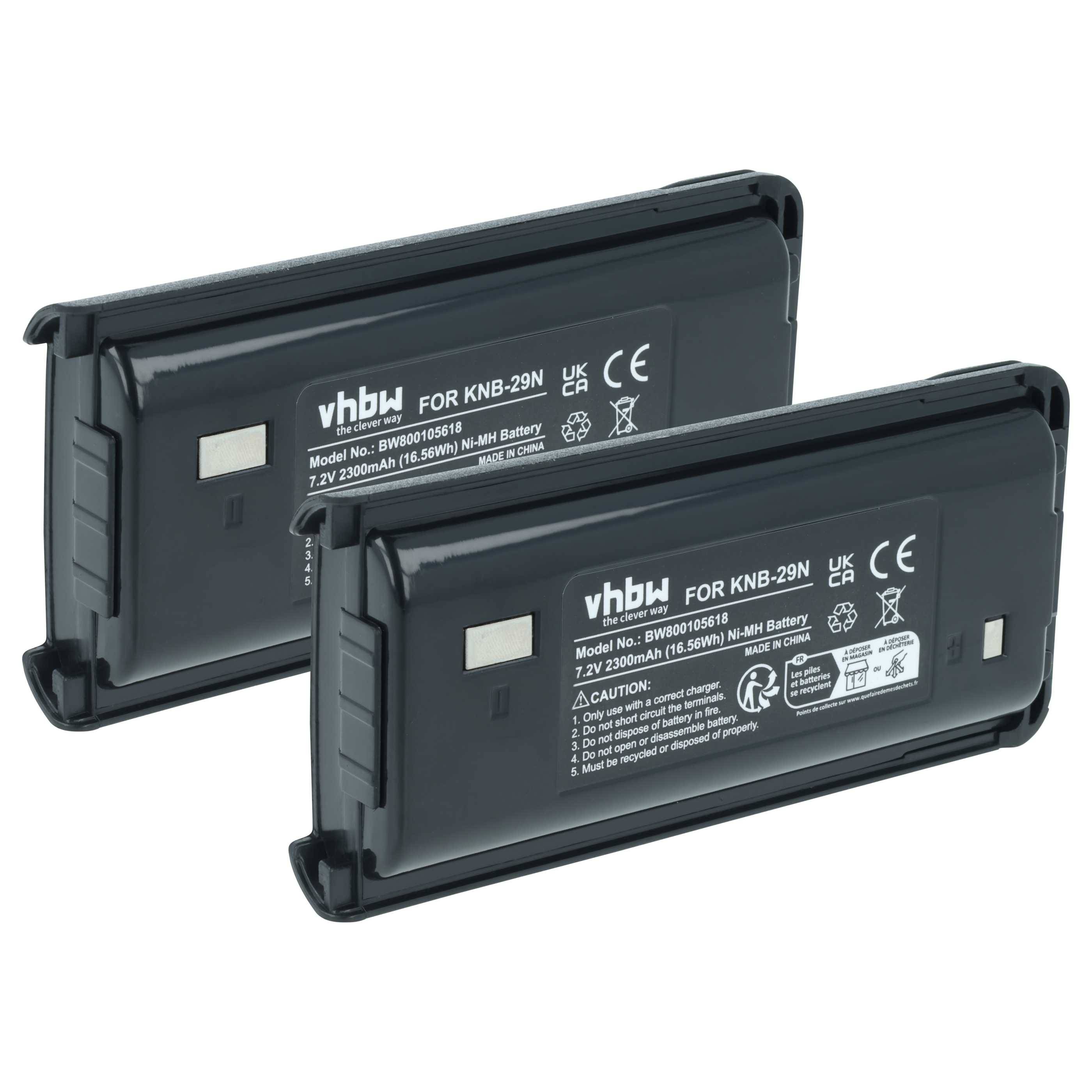 Zwei vhbw Ersatzakkus für KNB-29N, 7,2V 2300mAh, mit sichtbaren Produktetiketten und Konformitätskennzeichnungen.