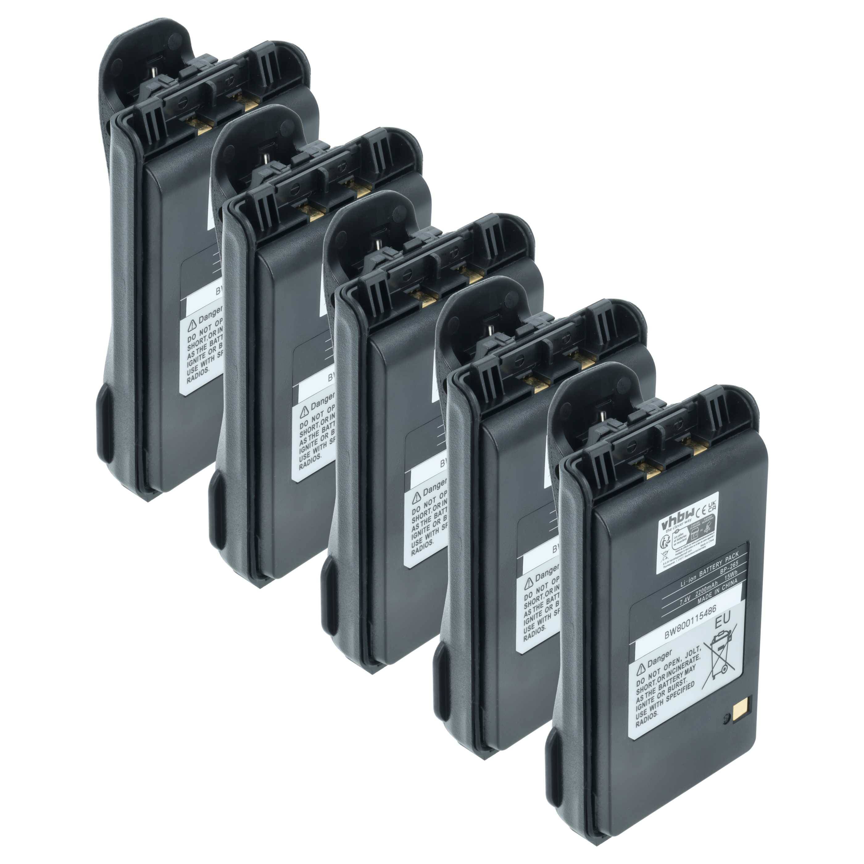 vhbw 5x Akku kompatibel mit Icom IC-F3002, IC-F3001, IC-4101, IC-3101 Funkgerät, Walkie Talkie (2200 mAh, 7,4 V, Li-Ion) + Gürtelclip