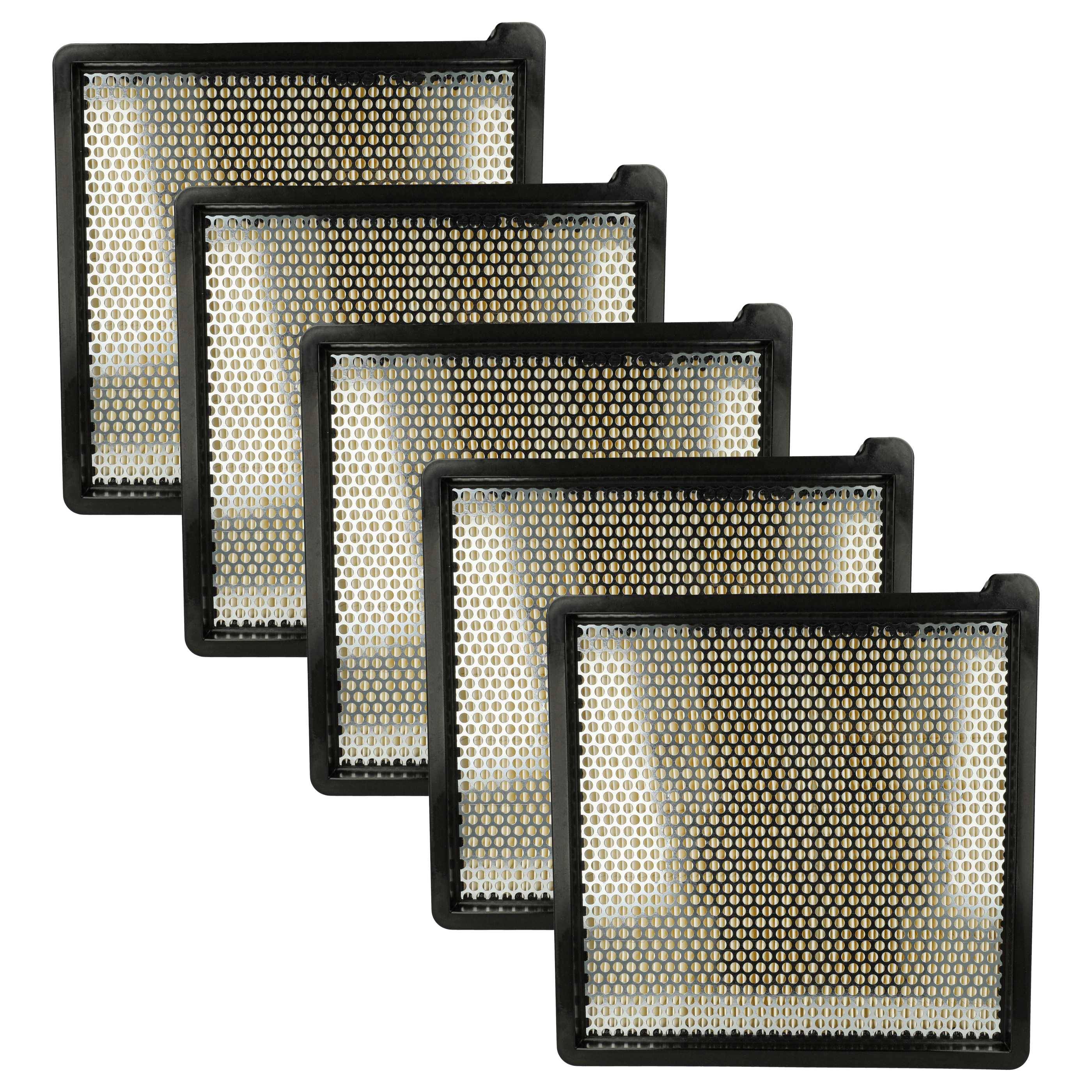 Fünf rechteckige Luftreinigungsfilter in einer Reihe, mit einem Wabenmuster und schwarzen Rahmen, die das Design und die Funktionalität des Filters hervorheben.
